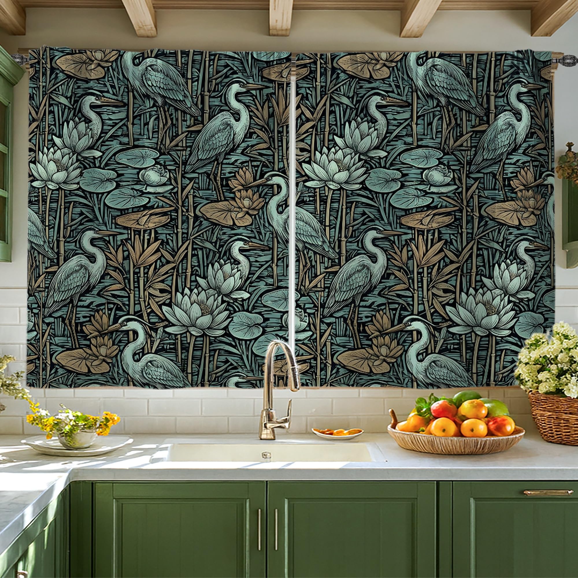 Rideau de cuisine pour petite fenêtre brise-vue nénuphar bleu sarcelle