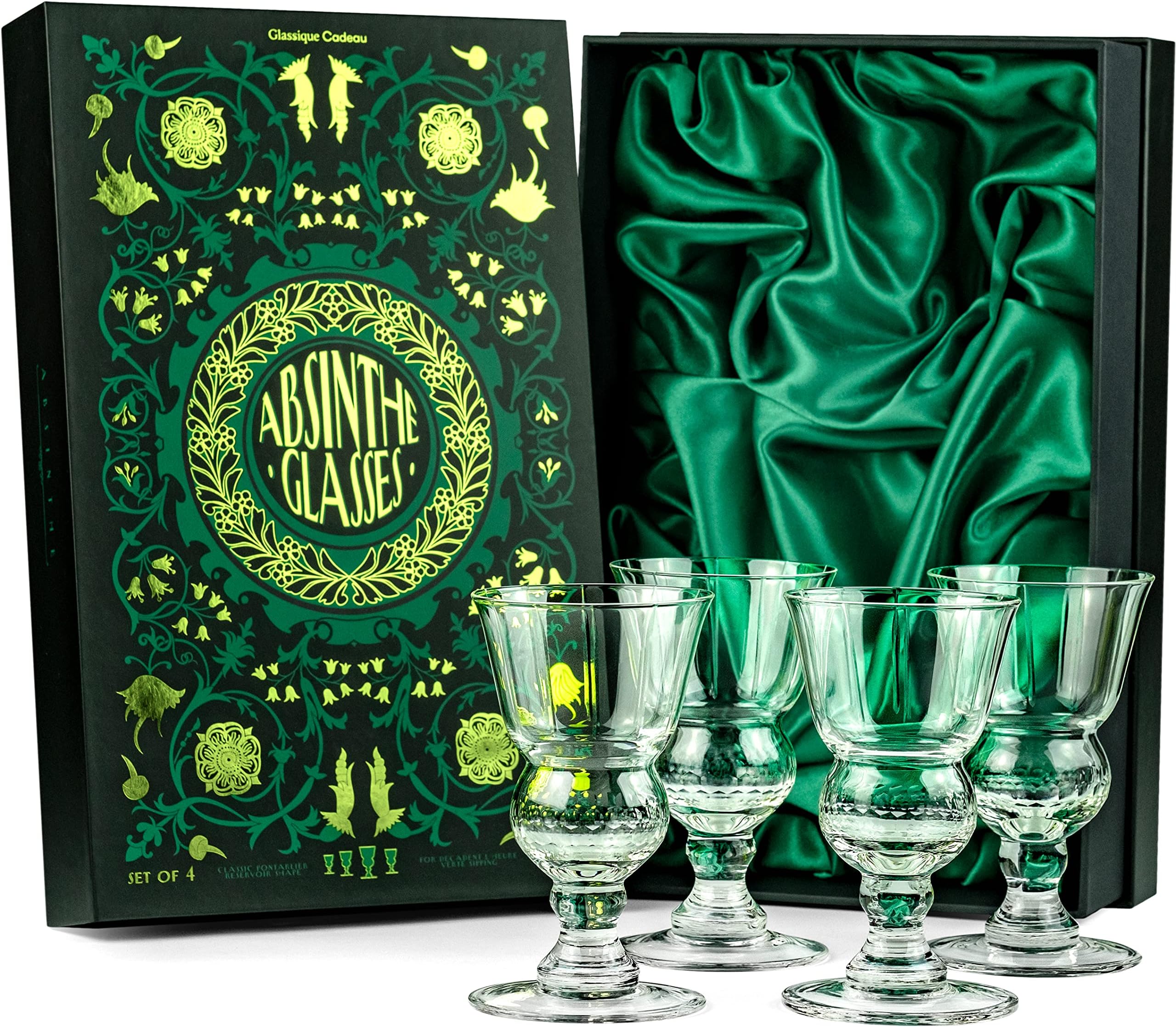 Vintage Crystal Absinthe Glasses | Set of 4 | Short Stemmed 6.5 oz Goblets with Bubble Reservoir for Drinking Green Fairy, Sambuca, Raki, Pastis and Ouzo | Handblown Small Wine Bistro Glassware