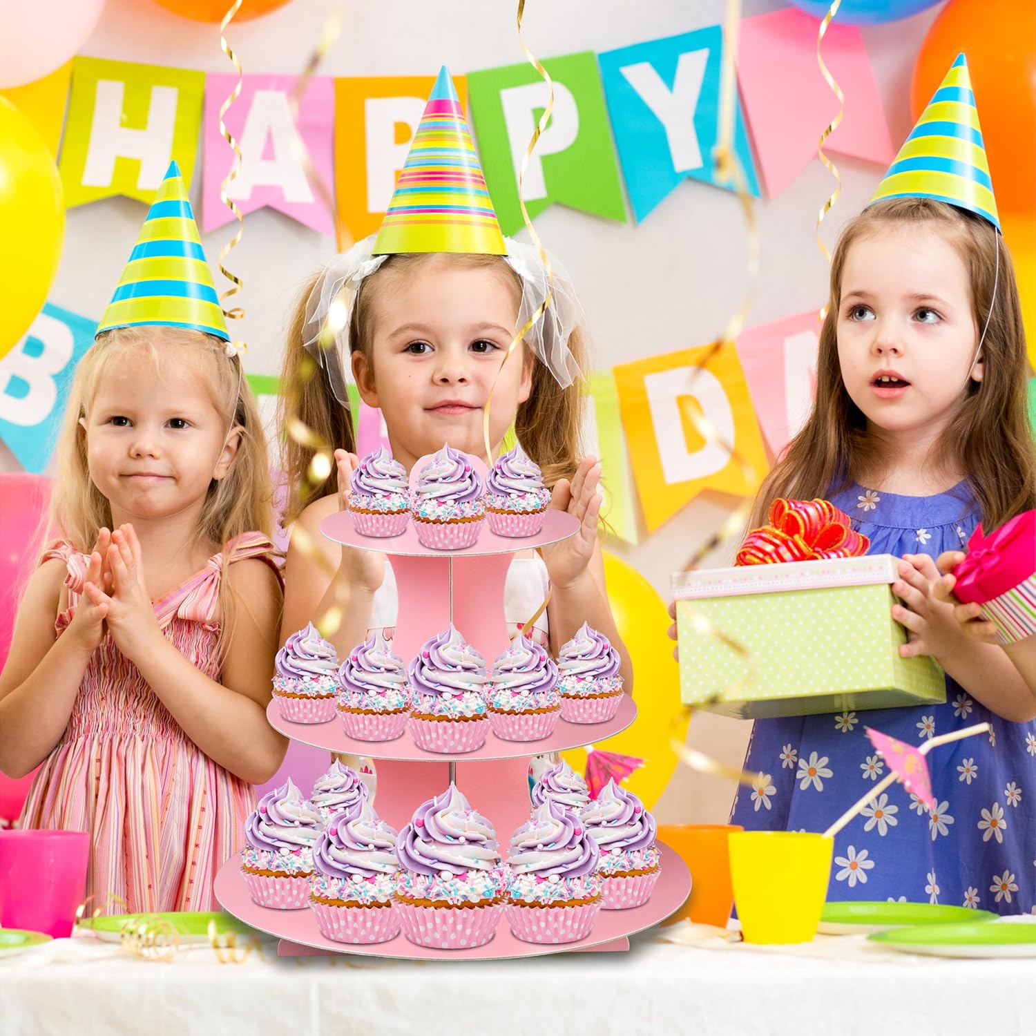 3-Tier Cardboard Cupcake Stand,Pink Cupcake Stand Tower for Birthday Wedding DIY Dessert Decoration