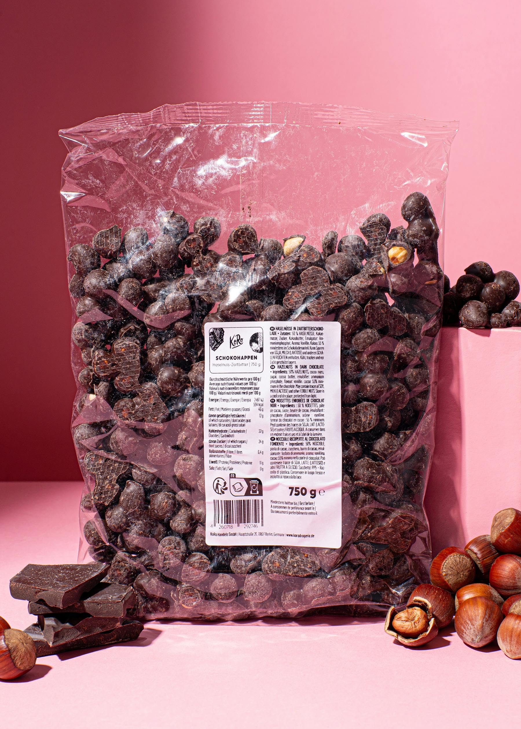 KoRo - Bocconcini di cioccolato fondente e nocciole 750 g - Da gustare come snack o da regalare – Vegetariano – Confezione risparmio da 750 g