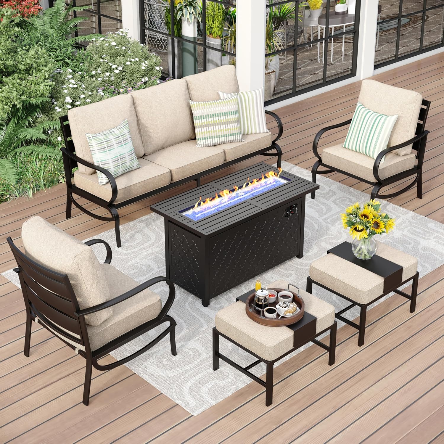 PHI VILLA 6 PCS Patio Furniture Set with FirePit Table, Outdoor Set with 1 x Deep Seating Sofa Bench, 1 x 45 Gas Firepit Table, 2 x Armrest Sofa Chairs, 2 x Metal Cushioned Ottoman