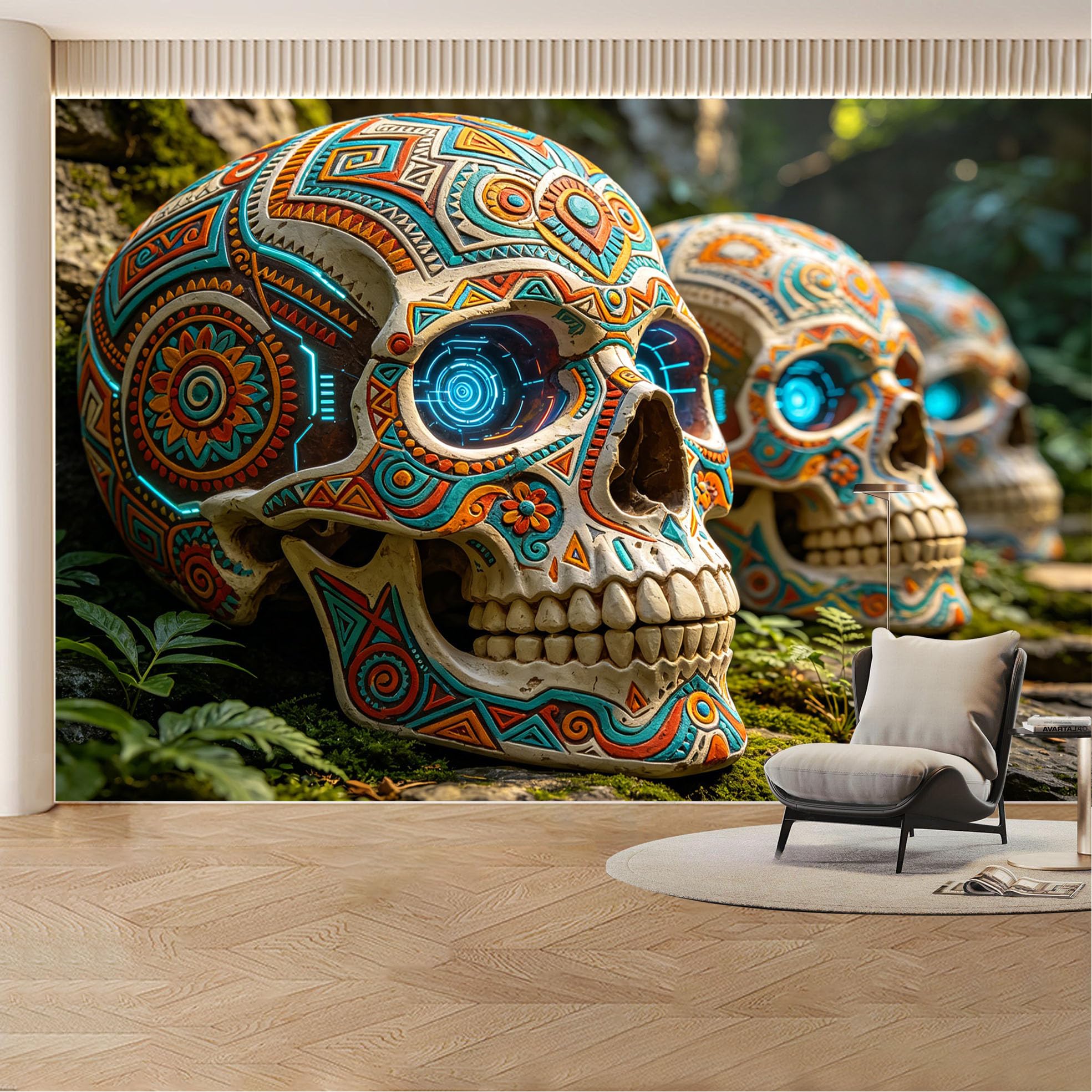 Custom Wall Mural Wallpaper Colorful Skull Art Landscape Modern 3D Effect Wall Decor Boho Tribal Style Removable SelfAdhesive Large Photo for Living Room， Bedroom， Office
