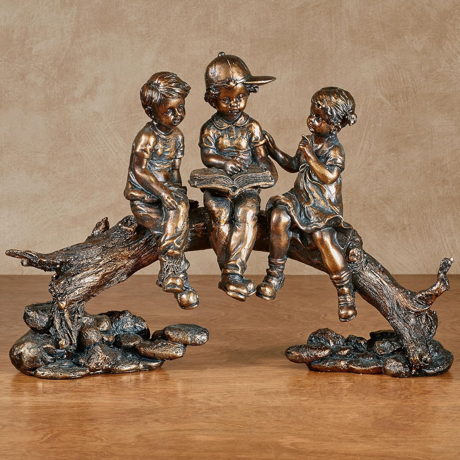 Golden Bronze Children on Log Figurine for Office