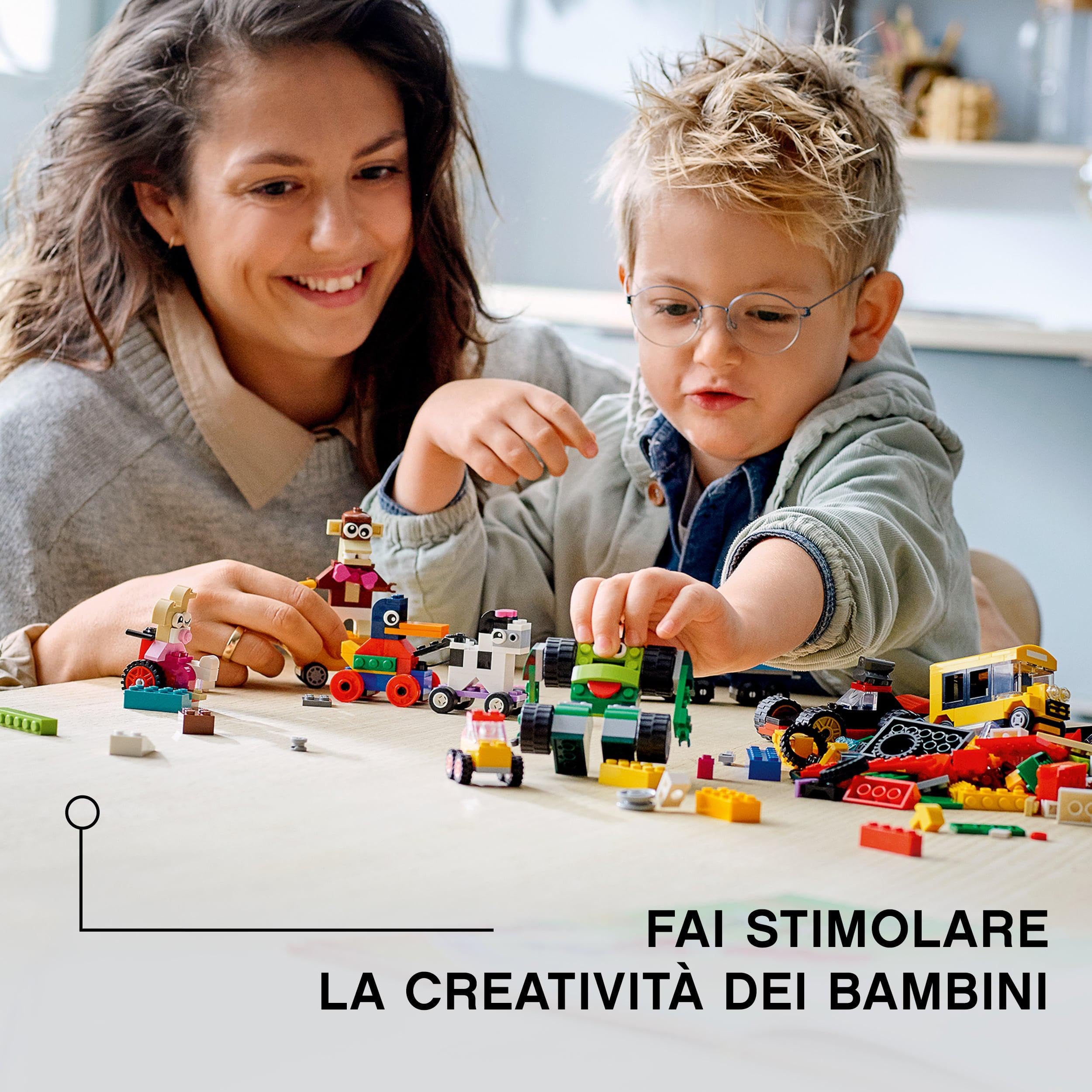 LEGO Classic Mattoncini e Ruote, Set con 9 Modellini da Costruire con Mattoncini Colorati tra cui Skateboard, Treno, Macchina e Robot Giocattolo, Giochi Creativi per Bambini e Bambine da 4 Anni 11014