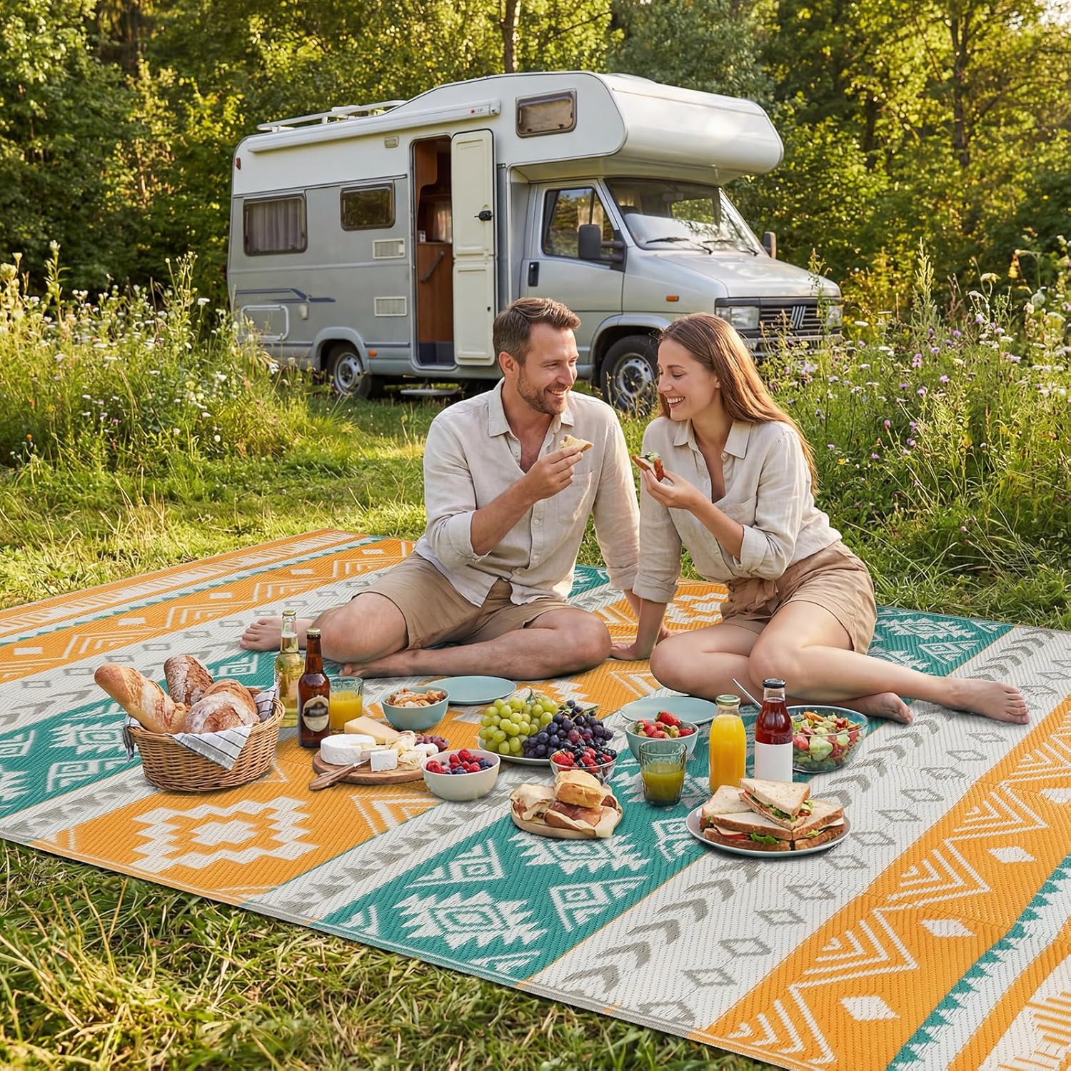 Outdoor Rug 5x8 ft Waterproof Reversible Plastic Straw Patio Camping Rug, Portable Indoor Outdoor RV Mat Carpet for Deck, Camper, Porch, Balcony, Backyard, Picnic, Yellow