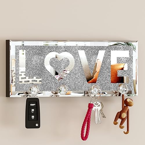 SHYFOY Mirrored Key Holder for Wall Decorative Love Letter Sign