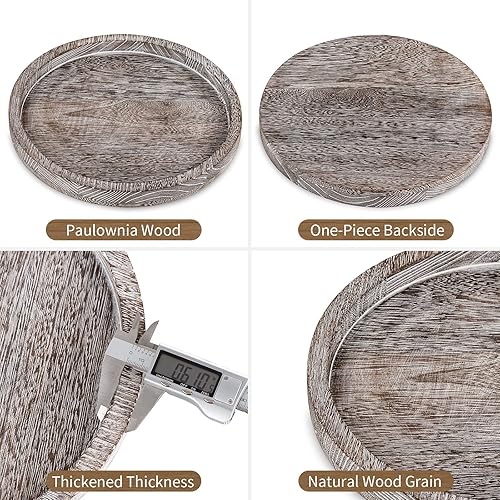 Miniatura 5 de Hanobe Bandeja decorativa de madera para servir plato de madera redondo rústico encalado decoración de centro de mesa de casa de campo pequeñas