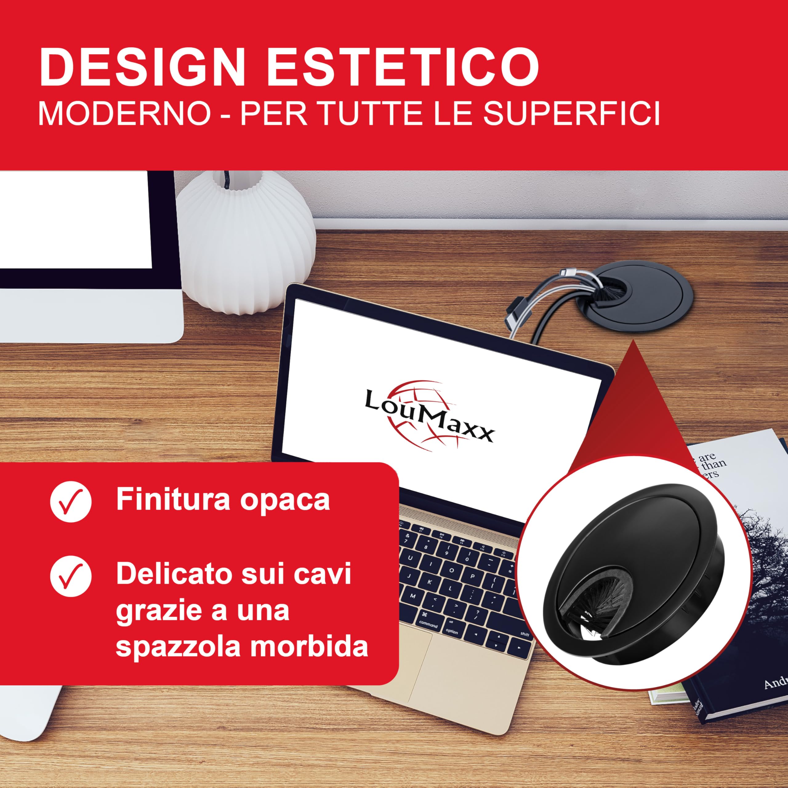 LouMaxx Guidacavi Ø 60 mm – Set di 2 pezzi in metallo nero – passacavi con guarnizione antipolvere – per una maggiore organizzazione