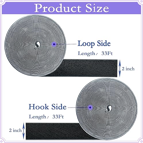 Miniatura 3 de Cinta adhesiva de gancho y bucle de 2 pulgadas x 33 pies, cierres de cinta de nailon resistente, cinta autoadhesiva de doble cara negra que se puede