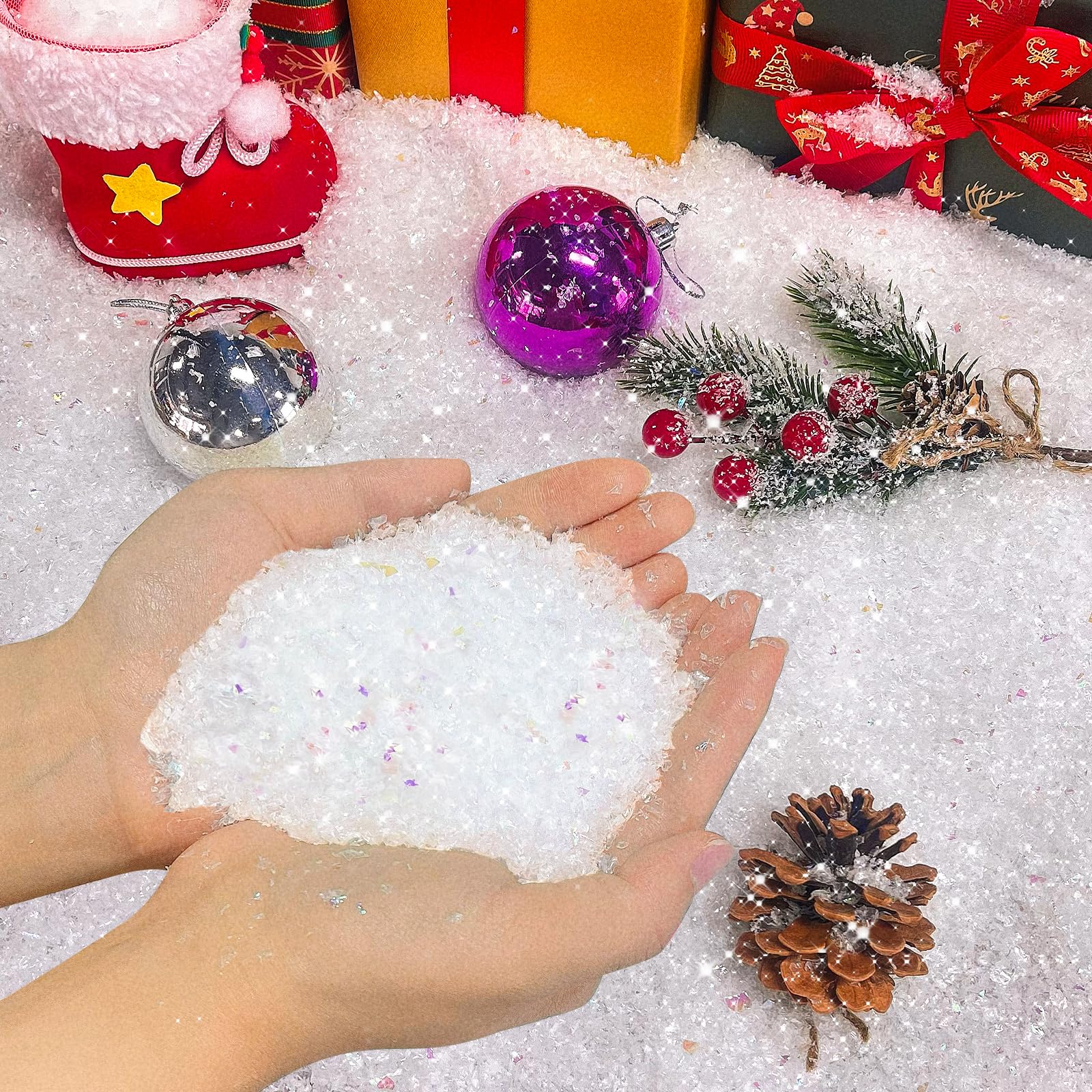 succulentlovers 17.6 oz Christmas Artificial Snow and 0.7 oz Twinkles Fake Snow Sparkling Snow, Christmas Artificial Flake Fake Snow Craft Glittering Snow for Winter Christmas Party Decoration