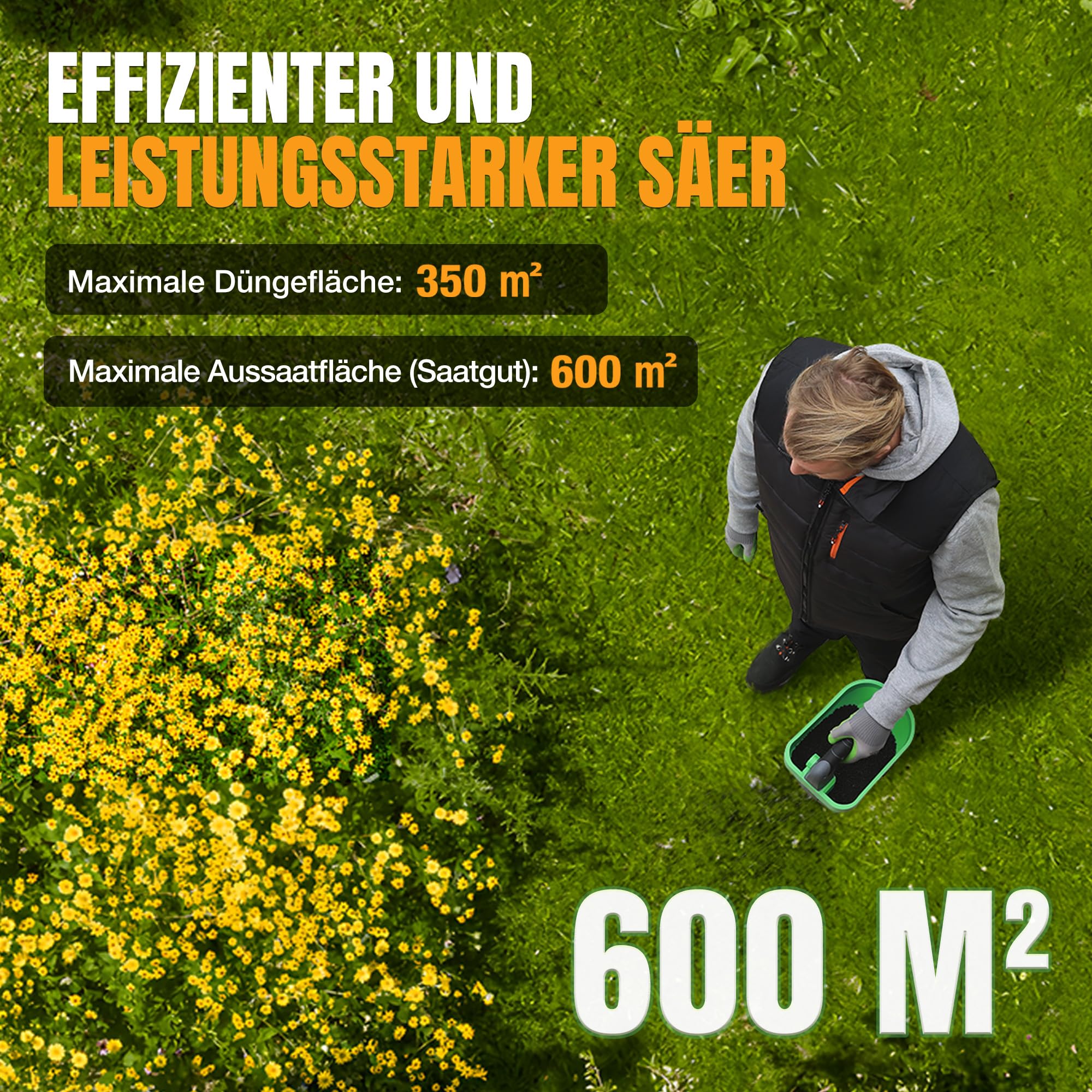 WORKPRO Akku Düngerstreuer 7,2V, Handstreuer für Rasendünger mit 2,5 L Behälter, 8-stufige Streumengenregelung, Streuwinkel bis 127°, deckt bis zu 600 m² Saatfläche, Kabellos & Tragbar