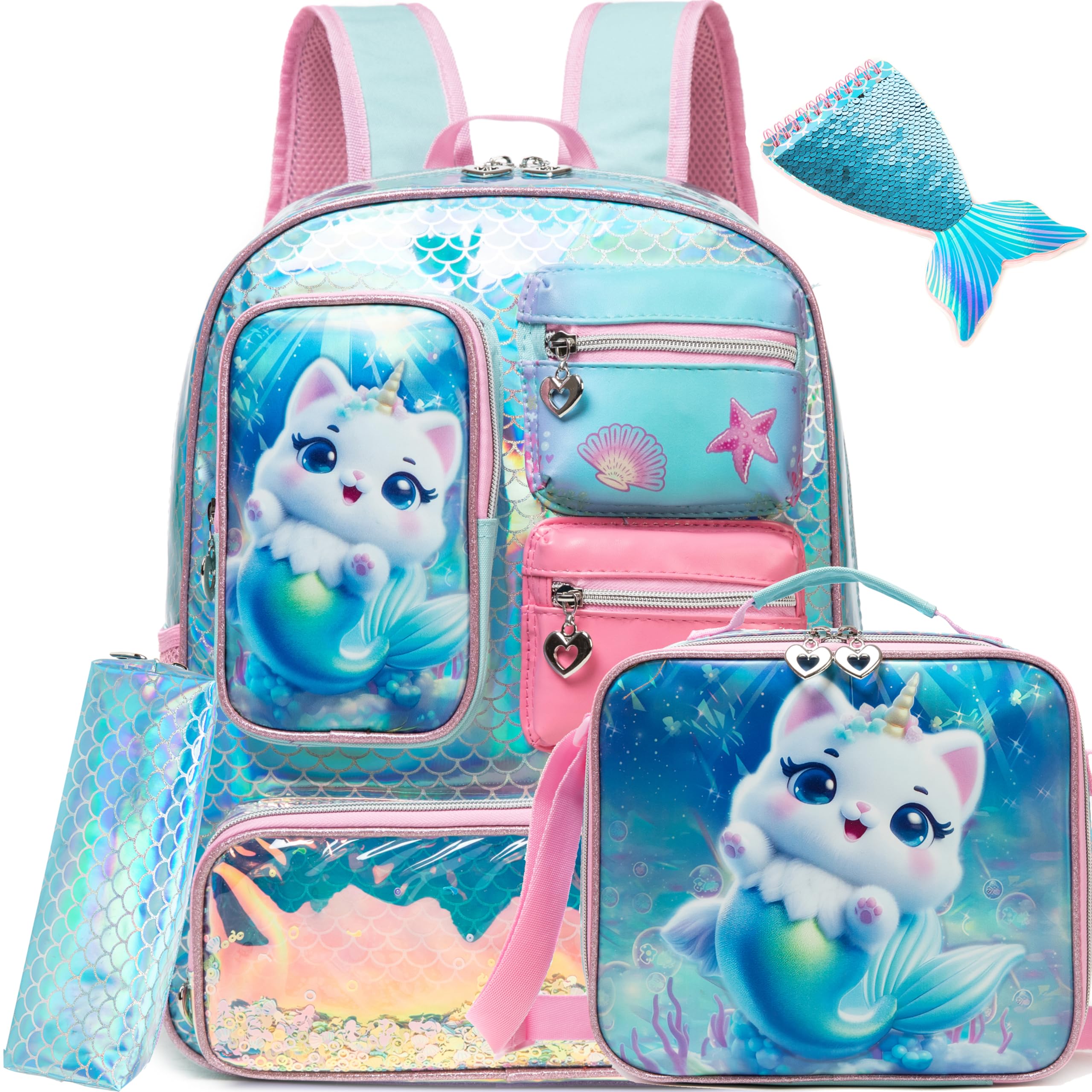 Meetbelify Cute Cat Backpack for Girls Backpack with Lunch Box Pencil Case for Elementary Student Kids School Bag for Girls Ages 6-8 Years Old
