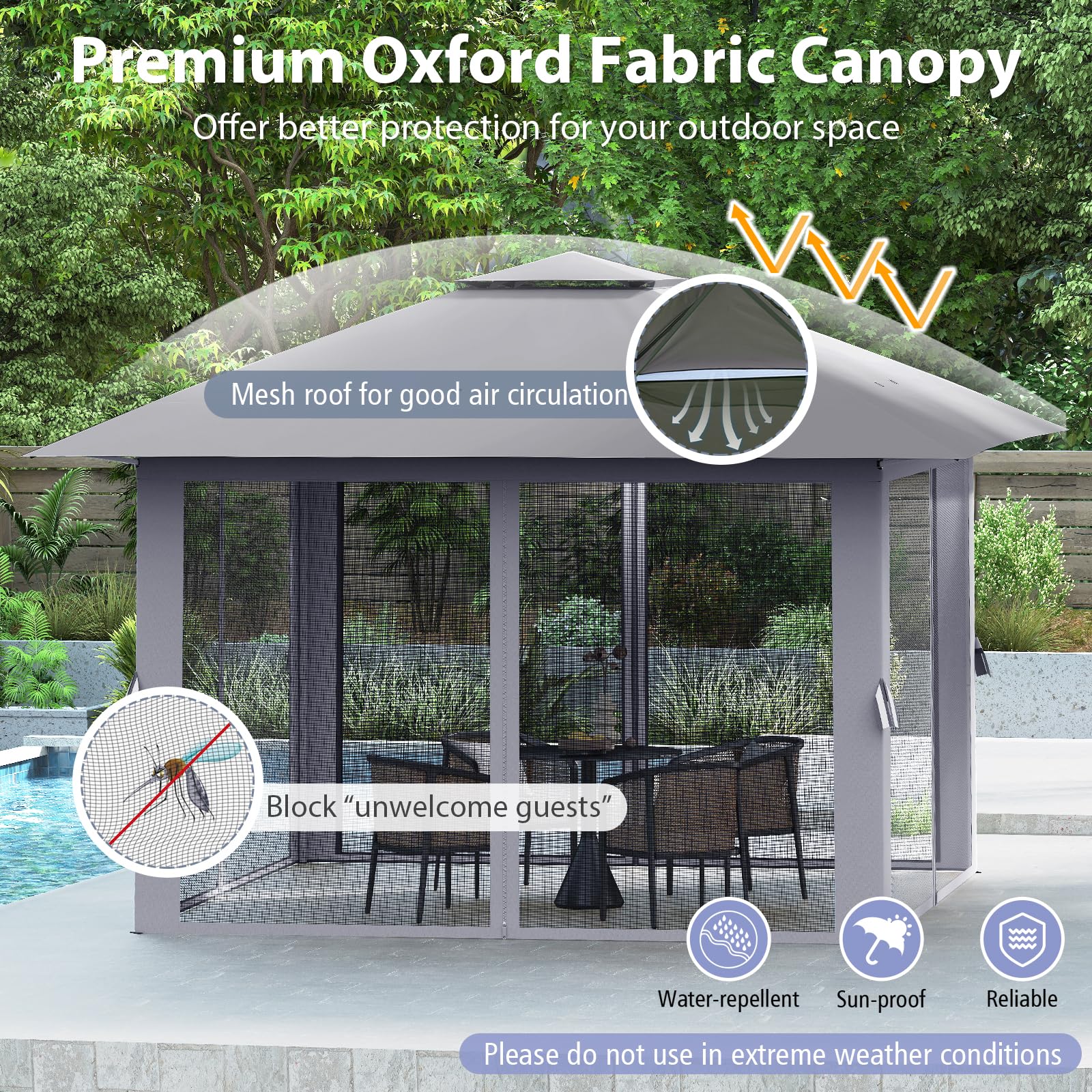 HOMASIS Gazebo con Zanzariera, Pergola 4x4 m Regolabile in Altezza, Gazebo Pieghevole e Impermeabile, Telaio in Metallo, Tenda da Esterno per Campeggio, Feste, Piscina, Grigio