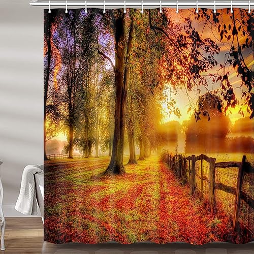 Miniatura 1 de Juego de cortinas de ducha para decoración de otoño, bosque de otoño, hojas doradas, casa de campo, tela de poliéster, accesorios de baño, con