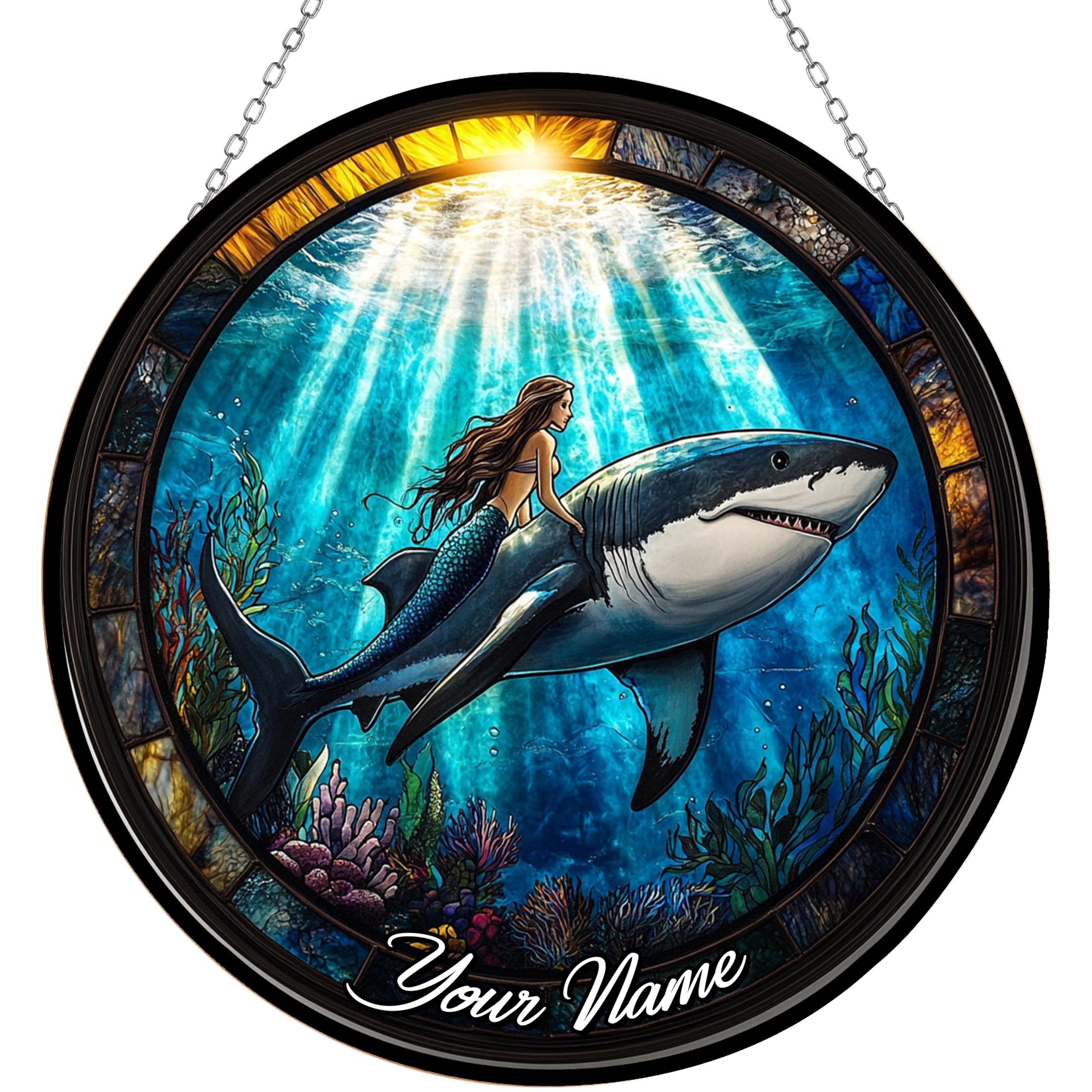 365CUSGIFTS Personalized Mermaid Shark Suncatchers for Windows,6.3” Stained Glass Window Hangings,Hand-Painted Glass Panel Perfect for Home Décor