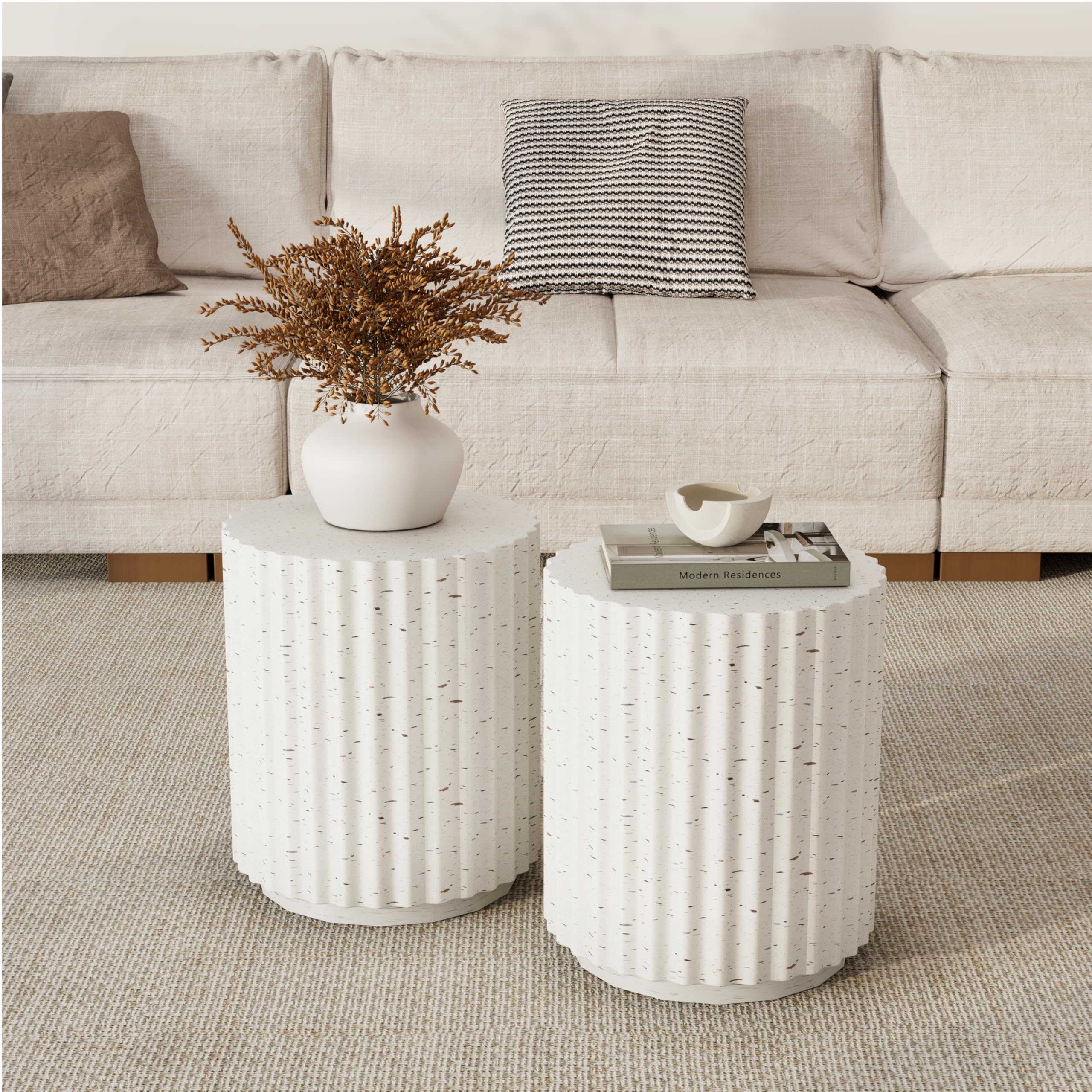 Small Round Side Table for Living Room Set of 2, Striped Round White Cement, Minimalist Modern Design, Artistic Style Tables,Indoor/Outdoor Accent