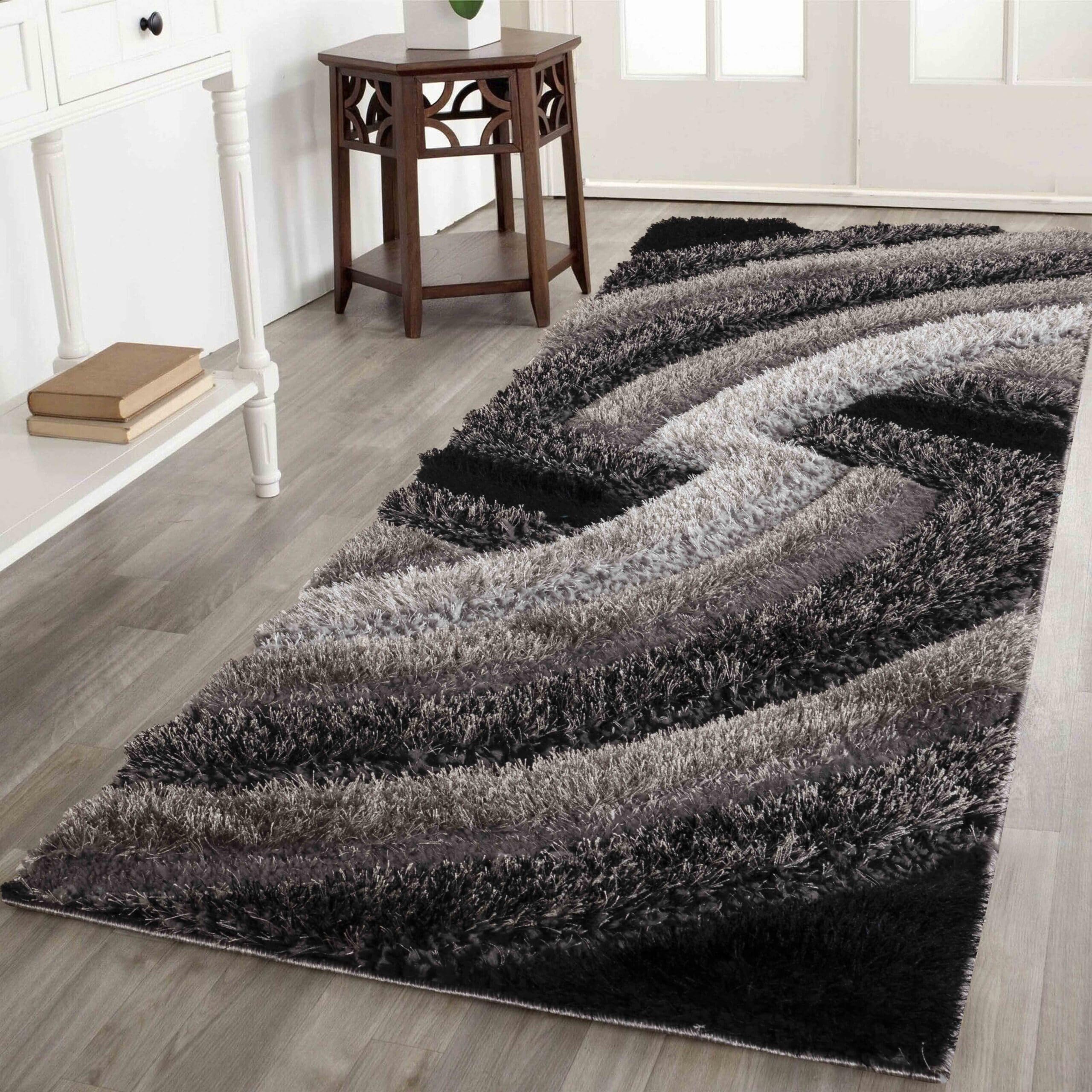 Serdim Rugs Grey-Swirl California Soft 3D Shimmer Shaggy Hallway Runner Rug, Grey, 60X220cm