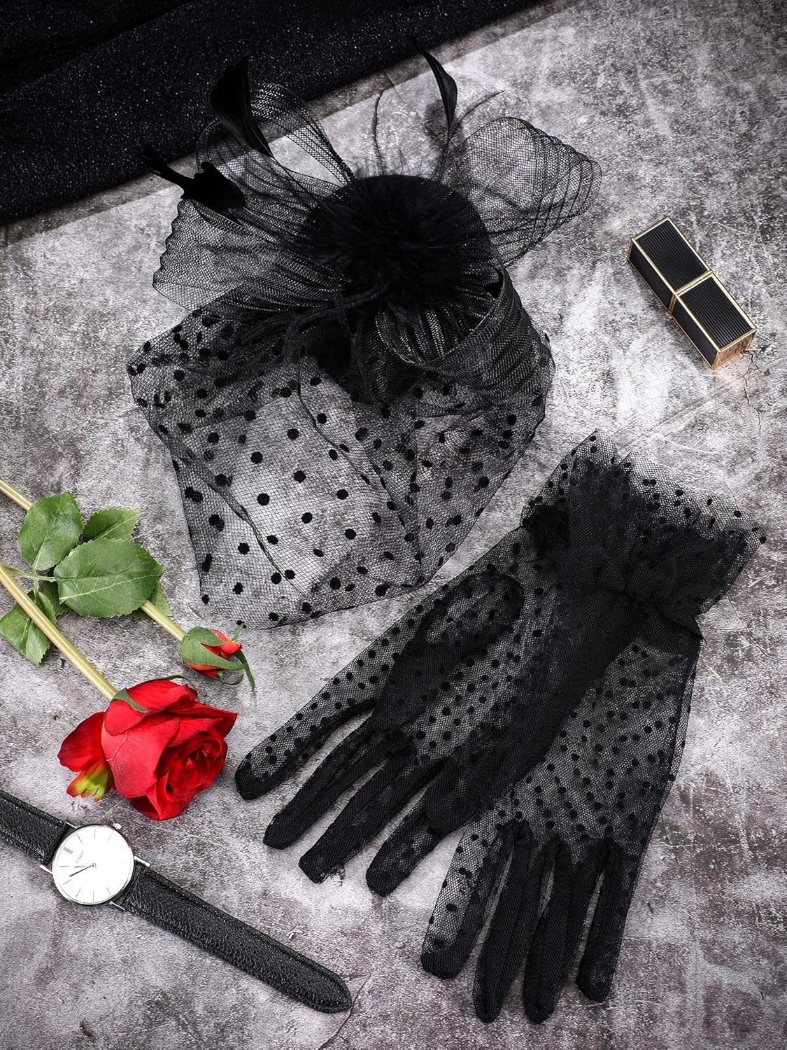 SATINIOR 50s Fascinators for Women Funeral Veil Tea Party Hat and Gloves Pillbox Cocktail Hat - Image 7