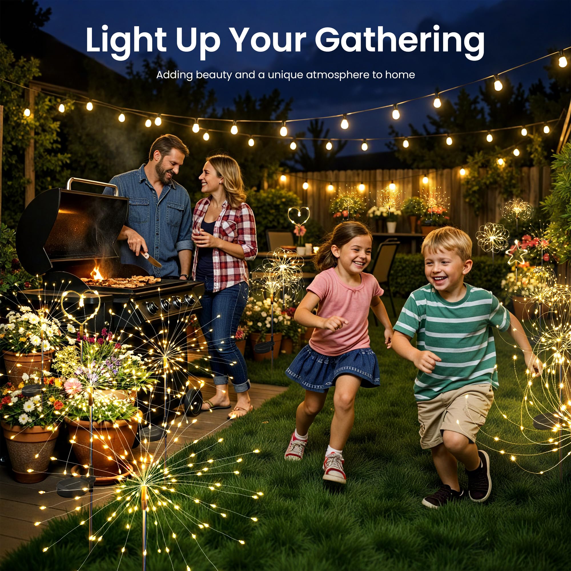 Solarleuchten für den Außenbereich, 120 LEDs, 4 Stück, Lichterkette für den Außenbereich, Feuerwerk, solarbetrieben, für Hof, Terrasse, Weg, Gehweg, Balkon, Warmweiß