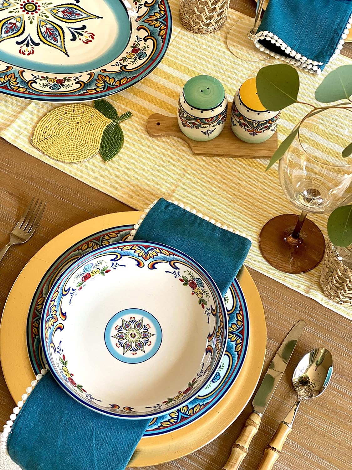 Bіg Sаlе Euro Ceramica Zanzibar Collection Pasta Bowl Sets, Set of 4, Spanish Floral Design, Multicolor Blue