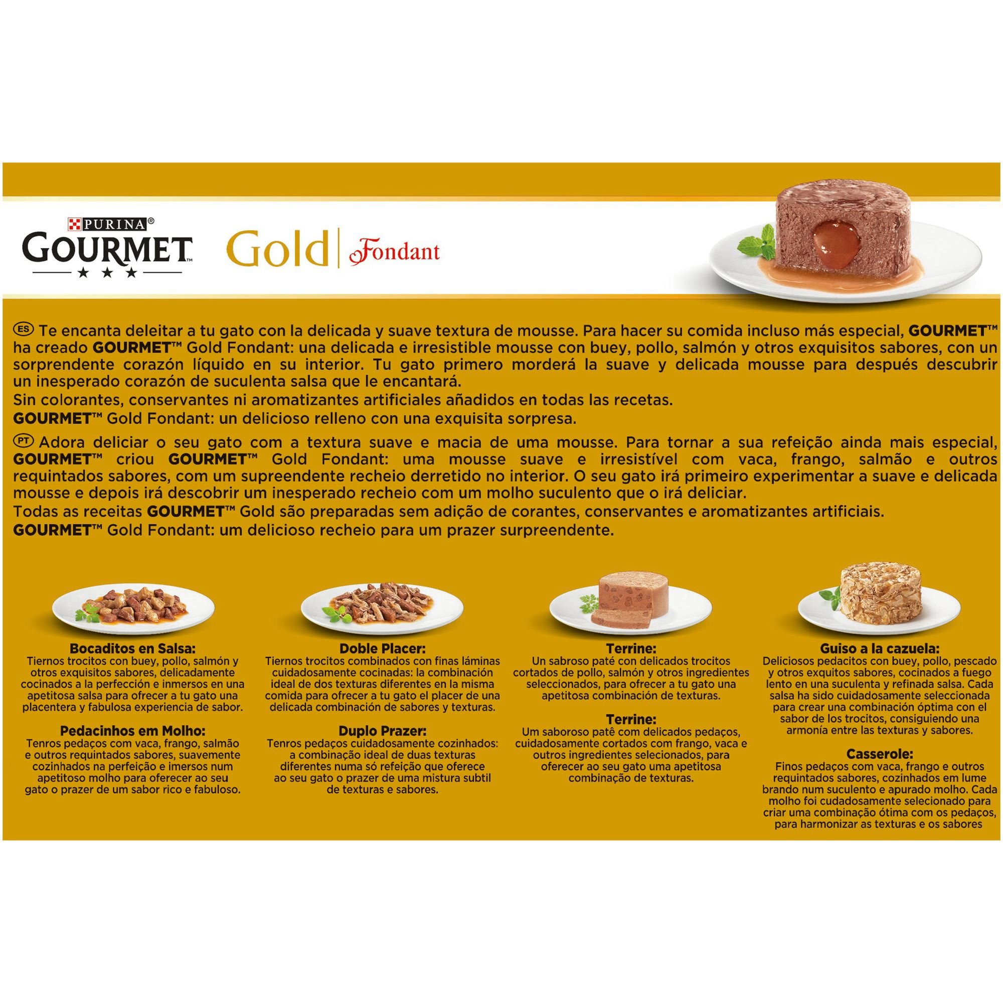 GOURMET Gold Fondant, mokra karma dla dorosłych kotów, mus z sosem, asortyment kurczaka, tuńczyka, wołu i łososia, 8 opakowań po 12 puszek po 85 g (96 puszek)