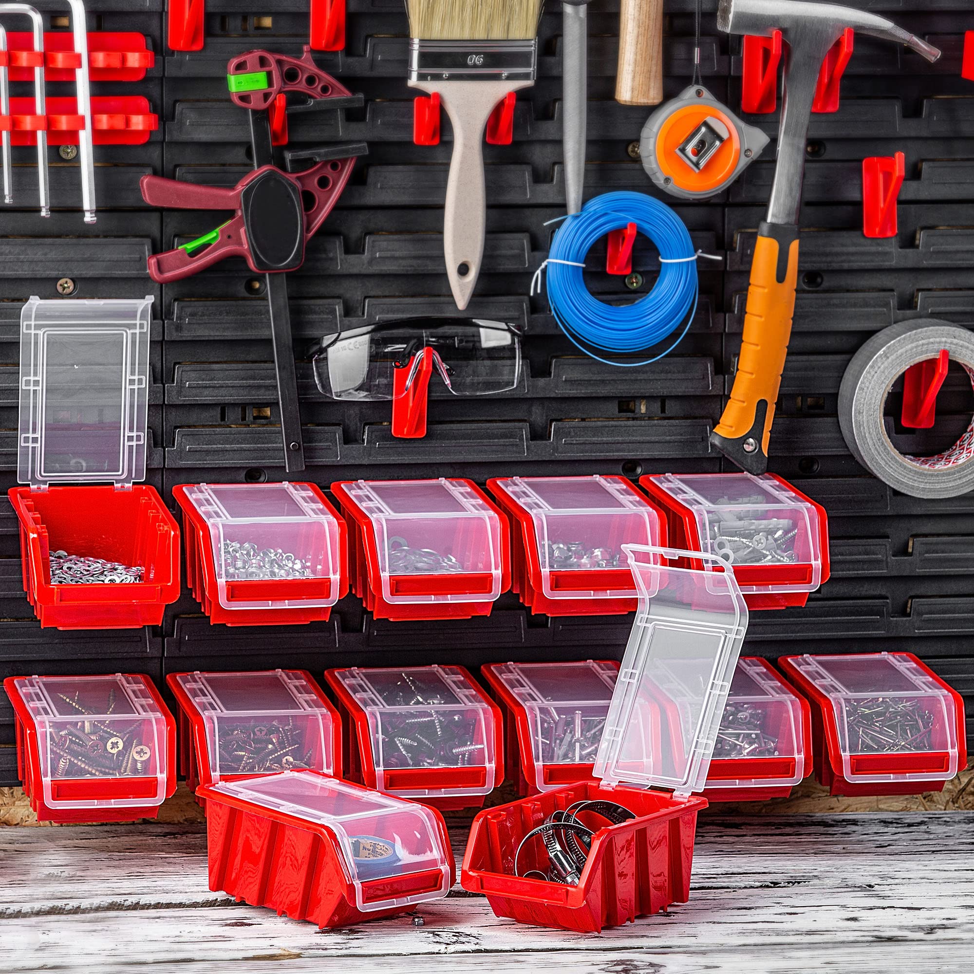 KADAX Caja apilable con tapa, caja de almacenamiento de plástico PP, en diferentes tamaños y colores, cajas de almacenamiento con solapa para pared de herramientas (rojo, 20 unidades - 195 x 120 mm)