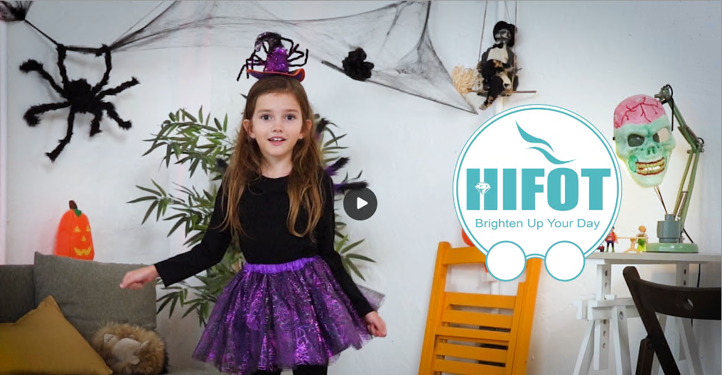IBAKOM Costume da strega da bambina, vestito in tulle con volant, con 1 paio di fermagli per capelli e scopa, per bambini, per carnevale, feste in maschera, viola, 4-5 anni