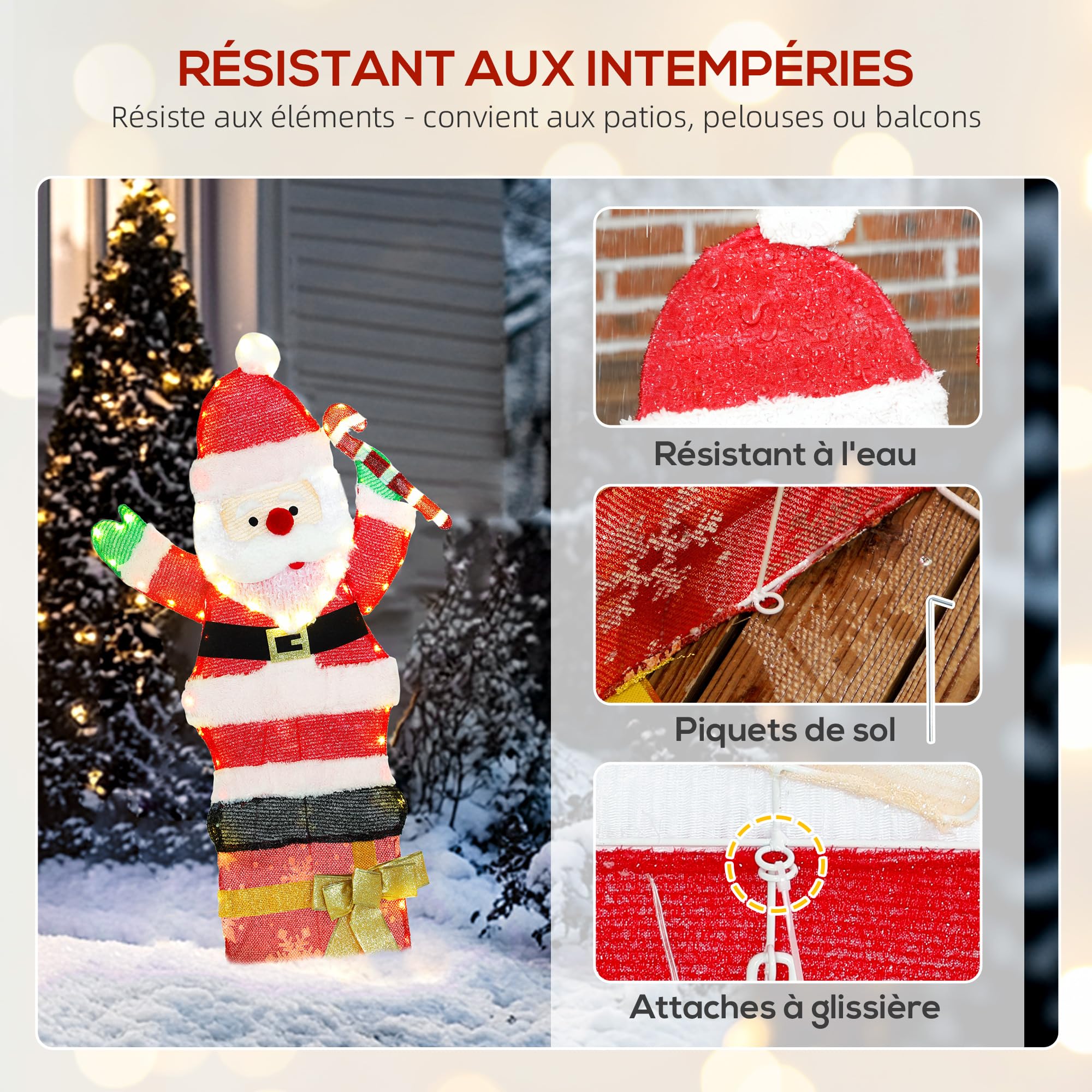 Outsunny Père Noël Lumineux de 90 cm avec 97 LED Blanc Chaud, Piquets, IP44 | Décoration Noël Personnage, Attaches Zippées, Intérieur, Extérieur