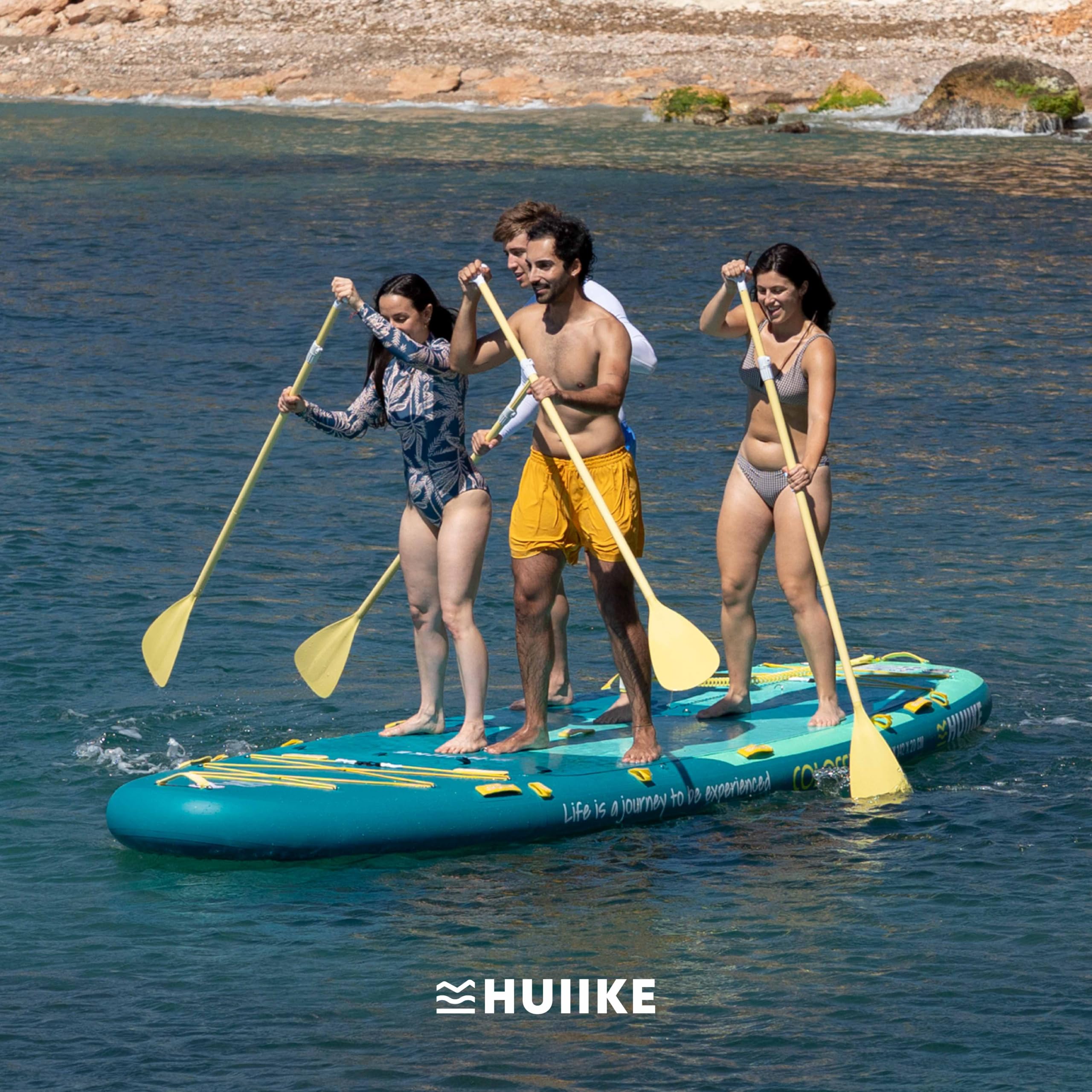 HUIIKE Stand Up Paddle Board 15' dla 4 Osób z Dołączone Akcesoria, 4 Wiosłami, 2 Pompkami, Statecznikami, Leash, Torbą. Pompowana Deska SUP Wysokiej Stabilności i Wytrzymałości. Udźwig 480 kg