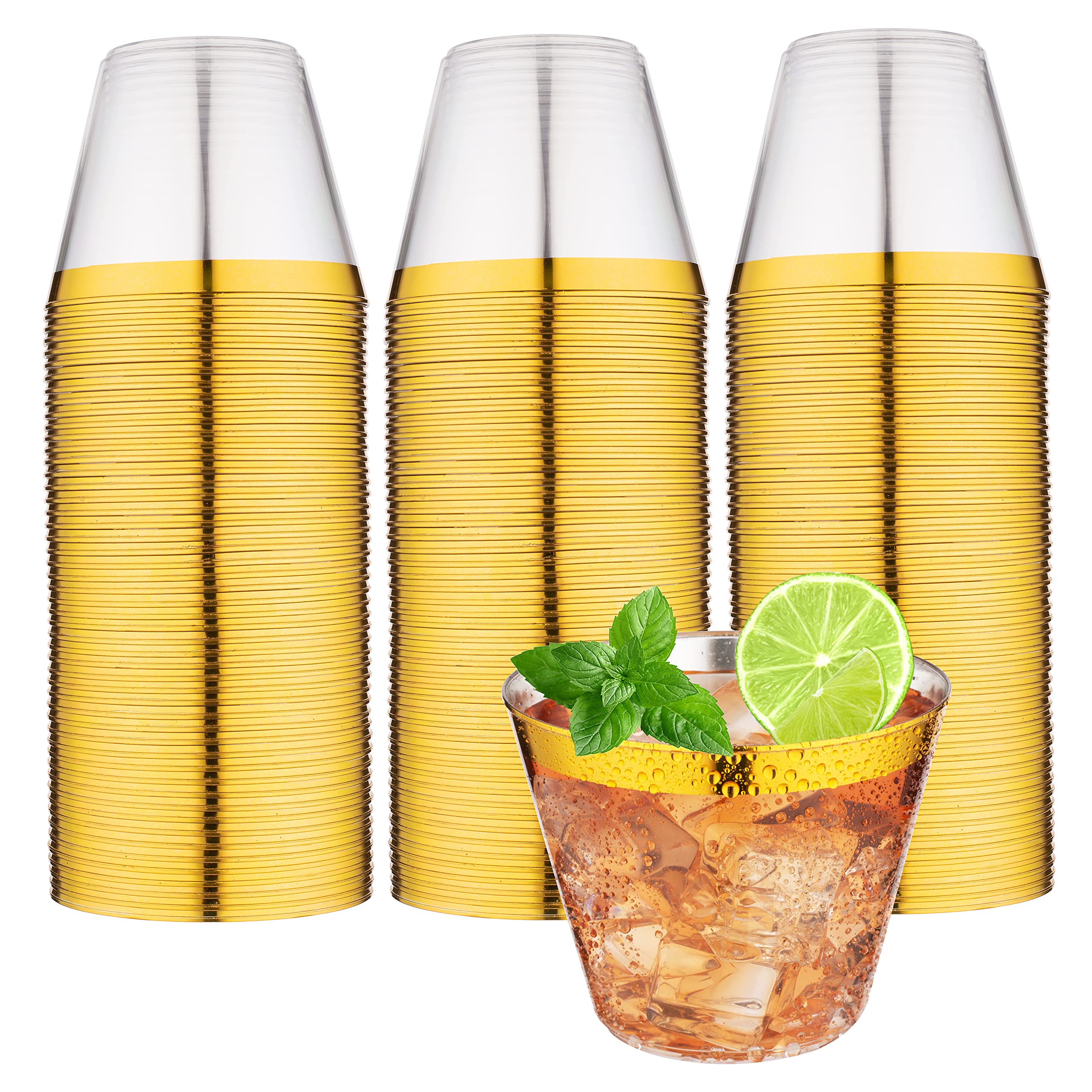 PREM-QUAL Gold Rim Plastic Cups - 150 Pack 9 oz Clear Plastic Party Cups with Gold Rim, Elegant Disposable Plastic Wine Glasses for Wedding Reception and All Occasions - Premium Gold Cups Disposable