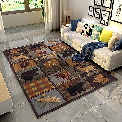 Miniatura 9 de Alfombra de estilo campestre de 5 x 6 pies, alfombra rústica lavable para cabaña y vida silvestre, telescopio de pesca, diseño geométrico de pato,