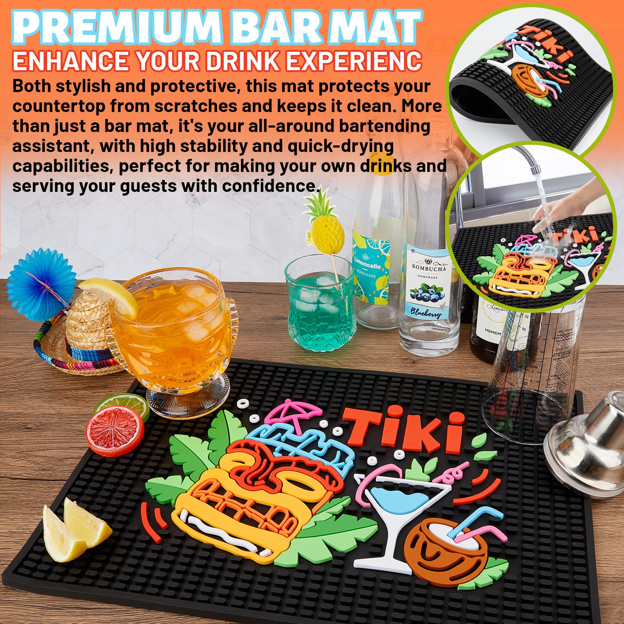 Tapete de barra Tiki de alta calidad, tapete de goma de 12 x 18 pulgadas de grosor, entretenido y vibrante, tapete de servicio de bar para café, cocina, restaurantes (Tiki)