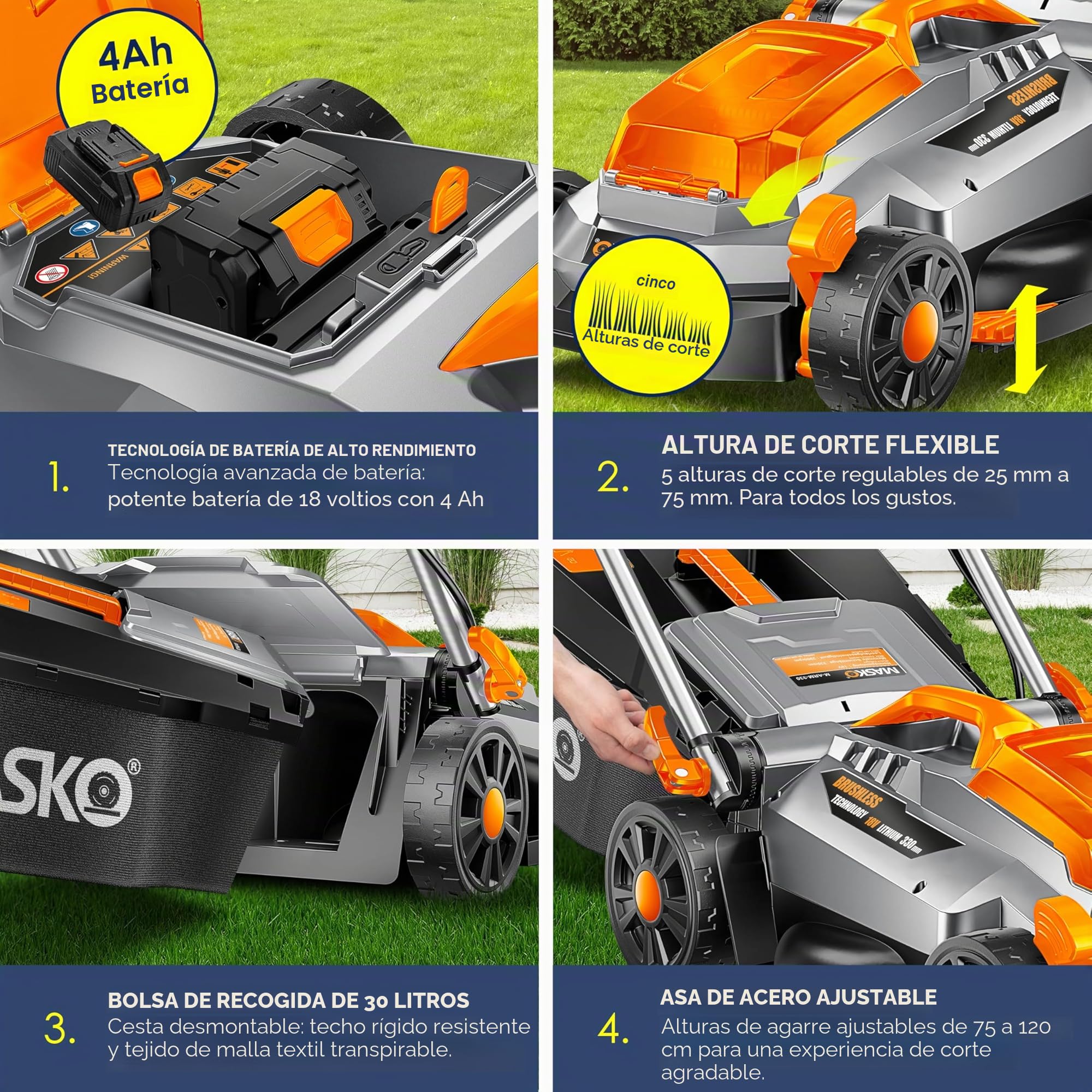 MASKO® Cortacésped con función de mantillo, Incluye Batería de Ion de Litio de 4 Ah y Cargador Doble, Ancho de Corte de 33 cm, 5 Posiciones de 25 a 75 mm, Altura Regulable, 30L hasta 150m²