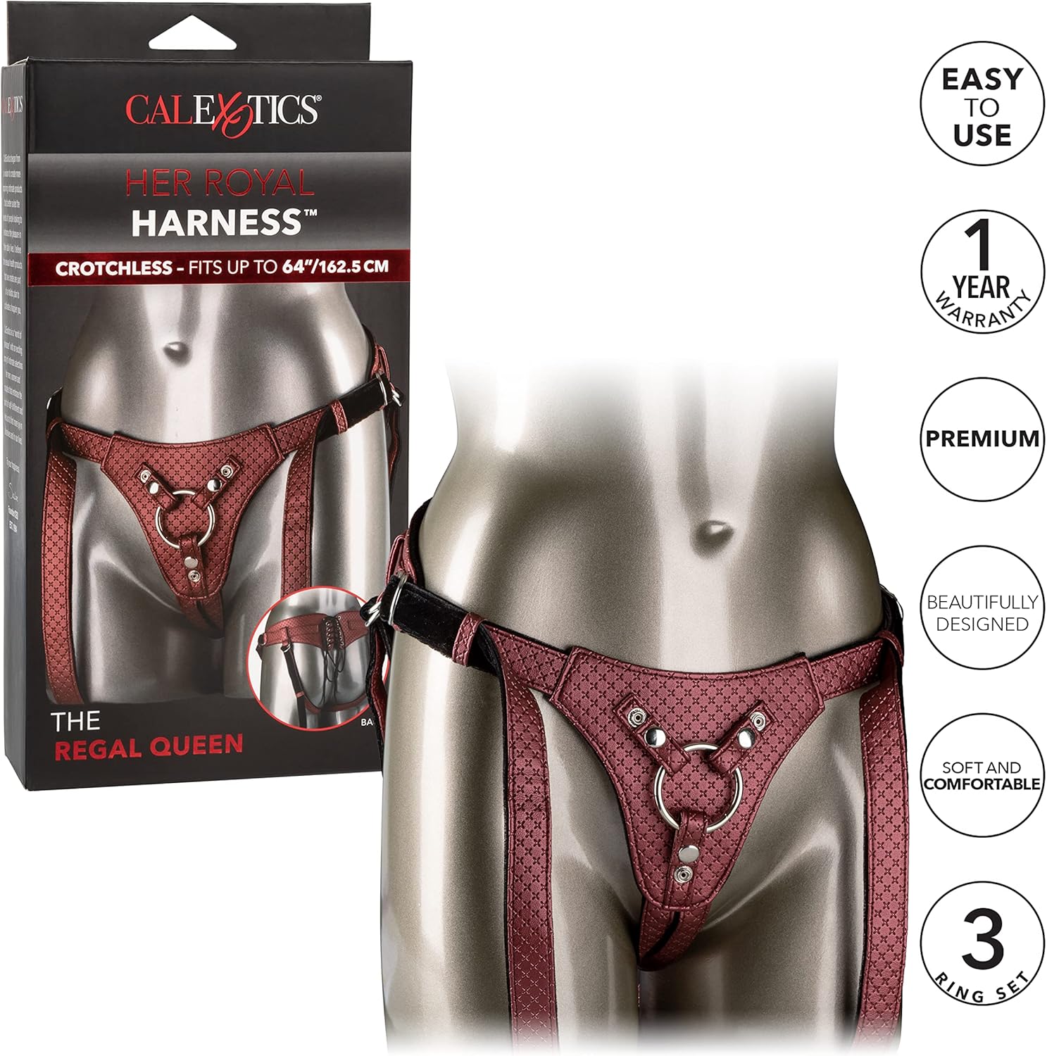 CalExotics Her Royal Harness The Regal Queen Adjustable Designer BDSM Probe Strap On Thong Harness Sex Toy Lingerie for Couples and Women, Red, 1 Count
