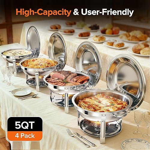 Miniatura 2 de Platos para bufé, 4 platos redondos de acero inoxidable de 5 cuartos de galón con soporte de tapa para fiestas en casa, reuniones de Navidad,