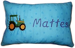 Blaues Schmusekissen * Kuschelkissen * grüner Traktor * mit Namen Bestickt * 25 x 40 cm * SK-bl_0073