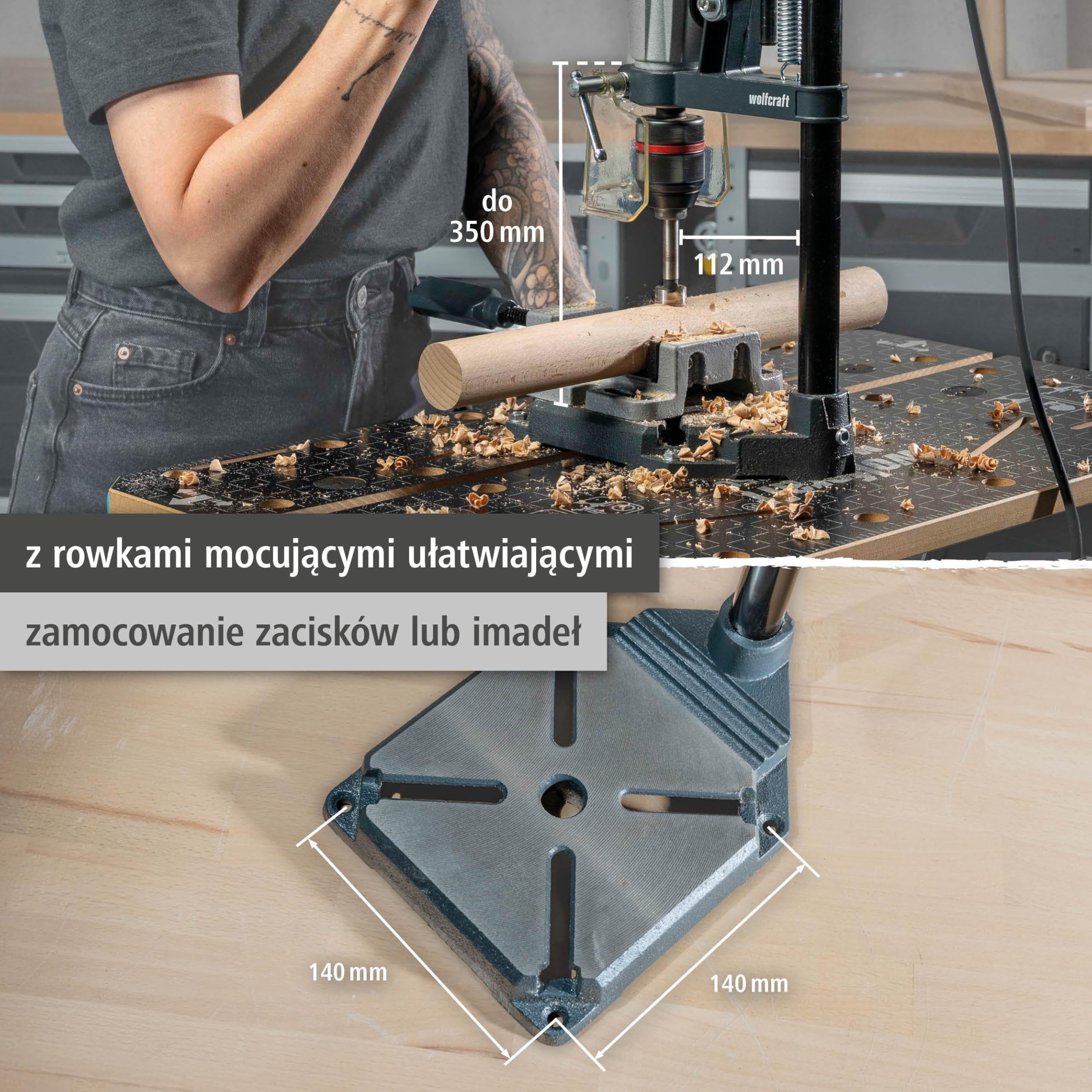 wolfcraft Stojak wiertarski SOLID – kompaktowe rozwiązanie do wiercenia o ograniczonej głębokości – wysięg 112 mm i skok 55 mm – 5028000
