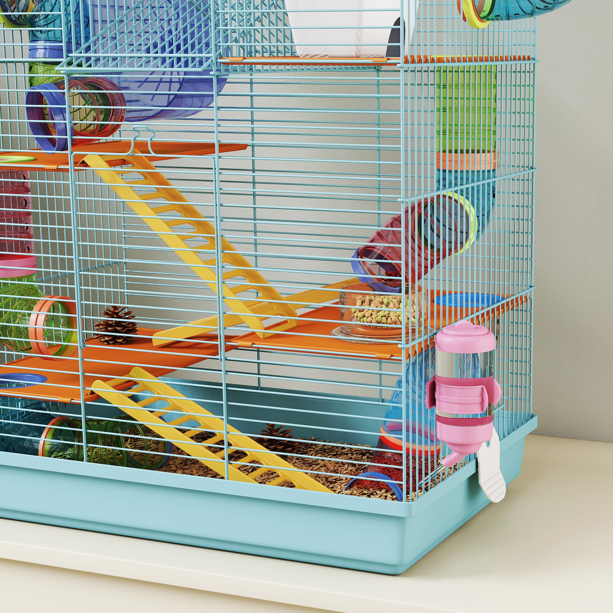 PawHut 5-stöckiger Hamster- und Nagetierkäfig, Hamsterkäfig mit farbigen Röhren, Rad, Haus und Zubehör im Lieferumfang enthalten, 47x30x59 cm, hellblau | Hamsterkäfig mit farbigen Röhren, Häuschen, inklusive Zubehör