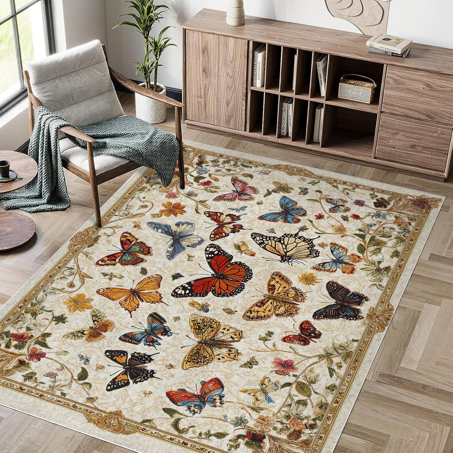 5x7 Butterfly Area Rugs Boho Floral Beige Blue Rug for Living Room Indoor Soft Non-Slip Thin Carpet Modern Abstract Rugs for Dining Room Office Bedroom Under Table Washable Machine