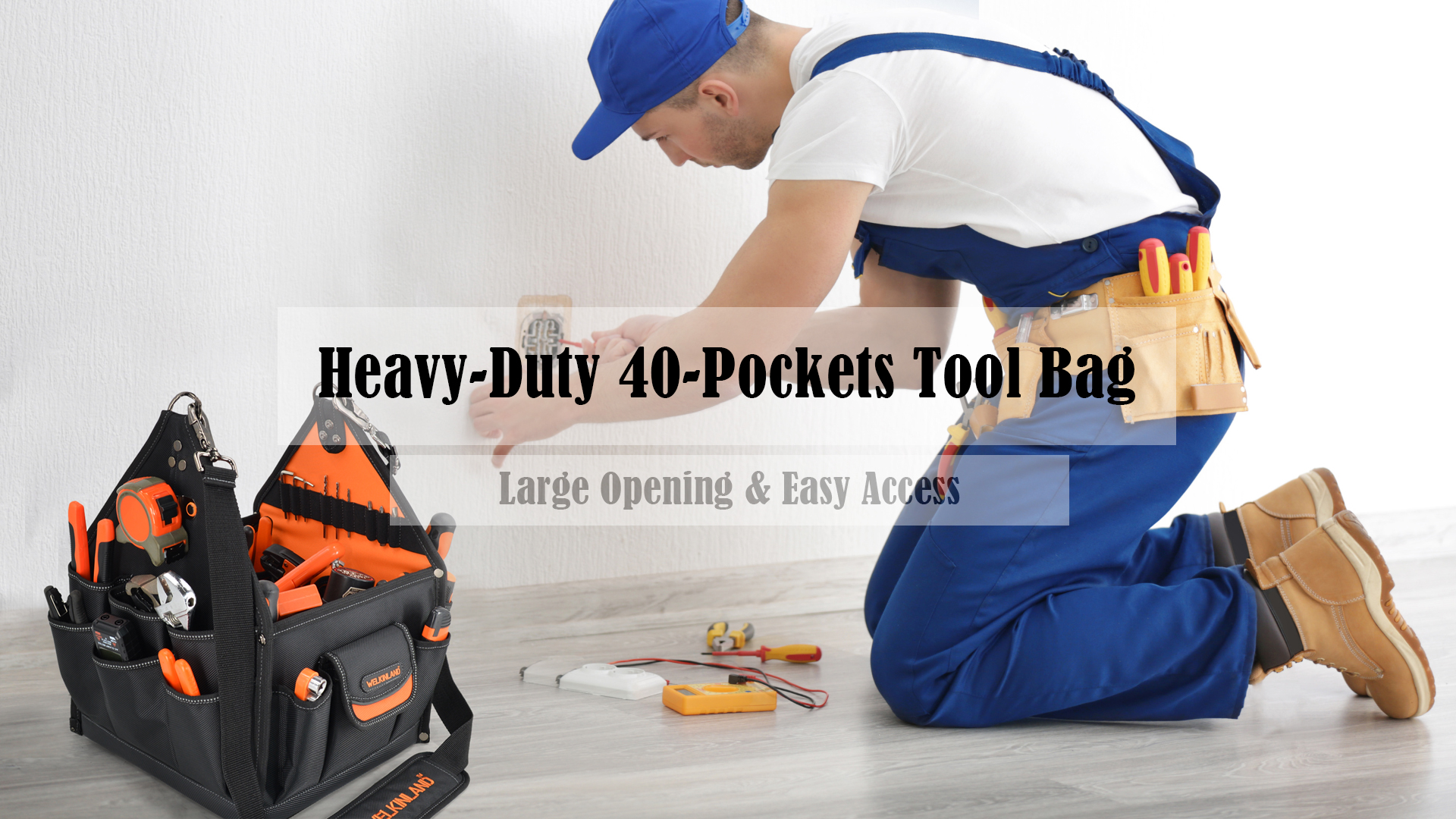 WELKINLAND 40-Pockets HVAC Tool Tote, 25L Open Top Electrician