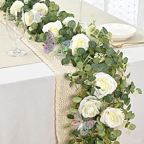 Miniatura 8 de Yastouay Guirnalda de flores blancas más completas de 6.4 pies con mariposa, guirnalda de eucalipto artificial con flores, vid de rosa falsa para