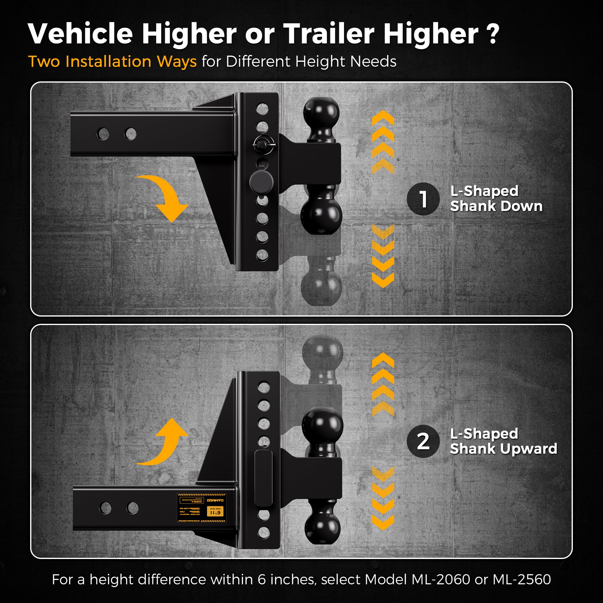 CAMMOO Adjustable Trailer Hitch, Tow Hitch Fits 2.5 inch Receiver, 6 inch Rise/Drop Hitch, 2" and 2-5/16" Ball Hitch, 22000 LBS GTW Truck Hitch with U-Shaped Alloy Steel Anti-Theft Pin, Black — view 9