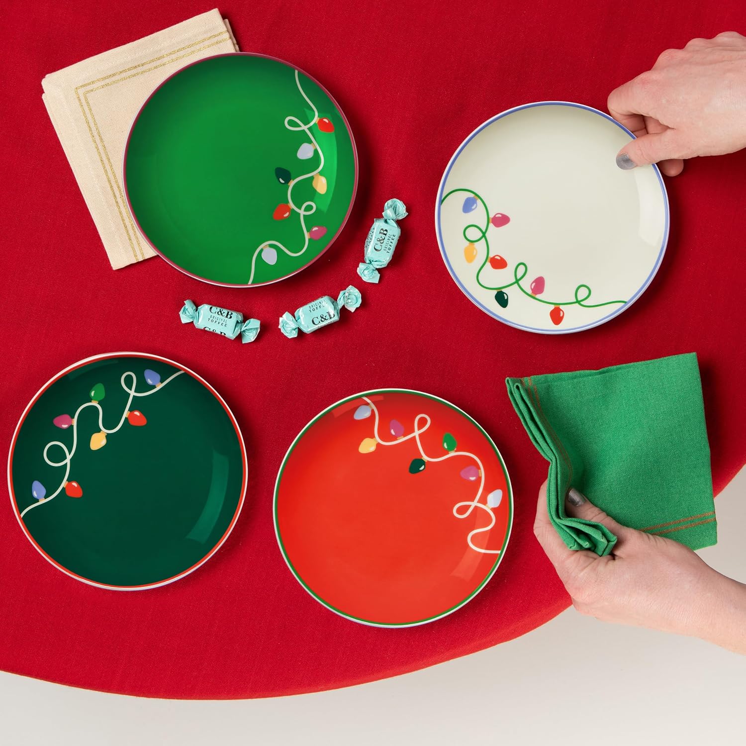 Now Designs Danica Jubilee 100% Porcelain Appetizer Plates Set of 4 - Holiday Glow, Small, White, Durable, Dishwasher & Microwave Safe
