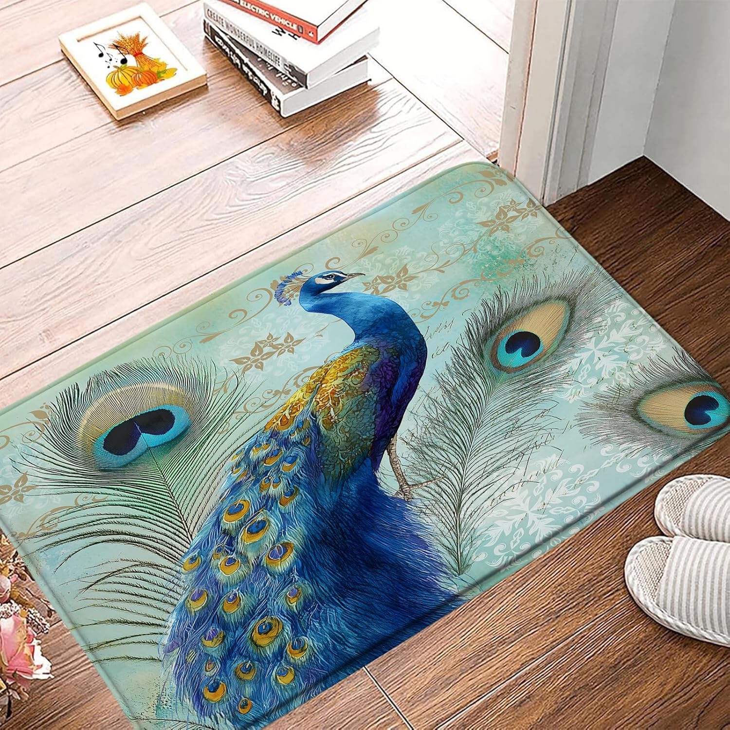 Sunhe Vintage Blue Peacock Bath Mat Elegant Animal Peacock Feather Floral Retro Teal Turquoise Print Memory Foam Bathroom Bathtub Decor Mat,24"x70"