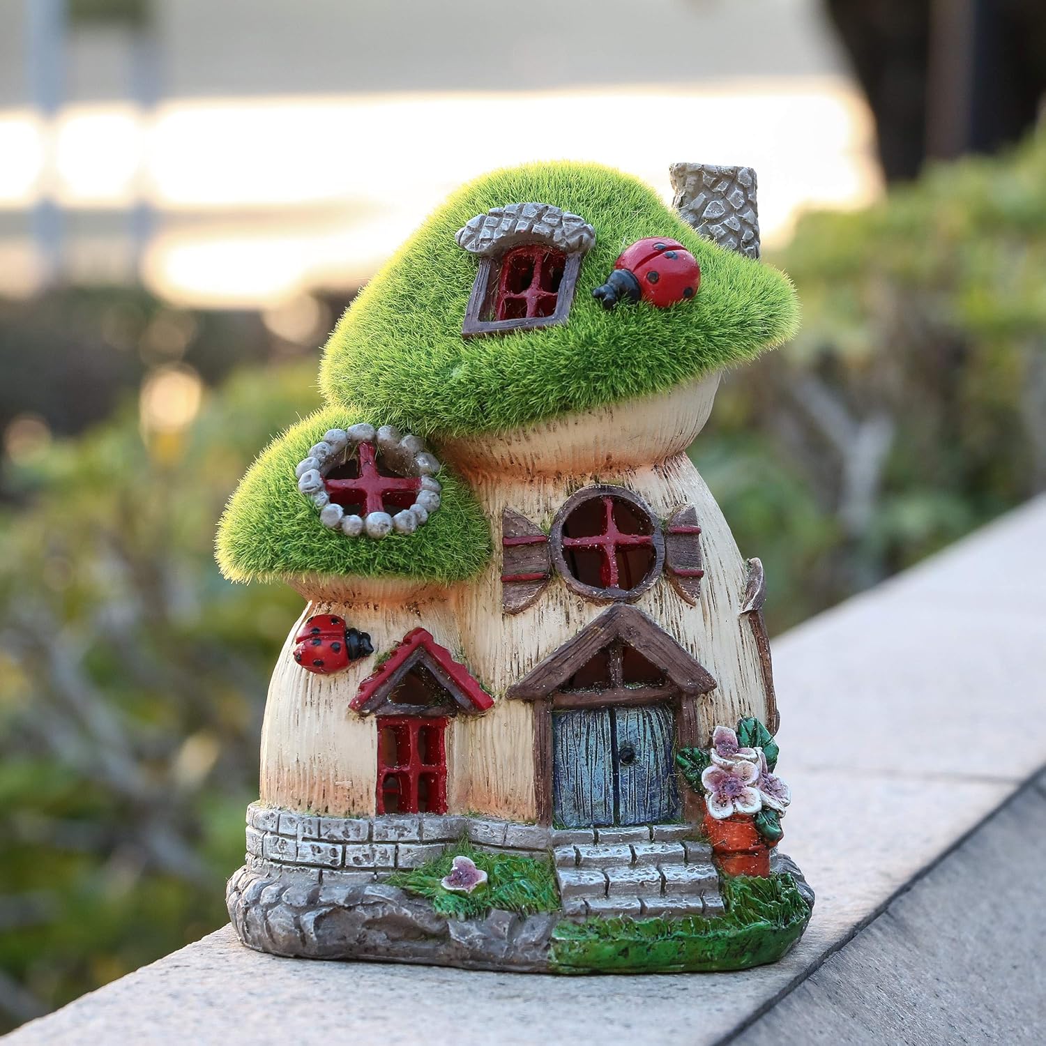TERESA'S COLLECTIONS Flocked Solar Fairy House Statue Decoration Bundle (2 Items) | Outdoor Fairy House Figurine and Big and Mini Mushroom Fairy Garden