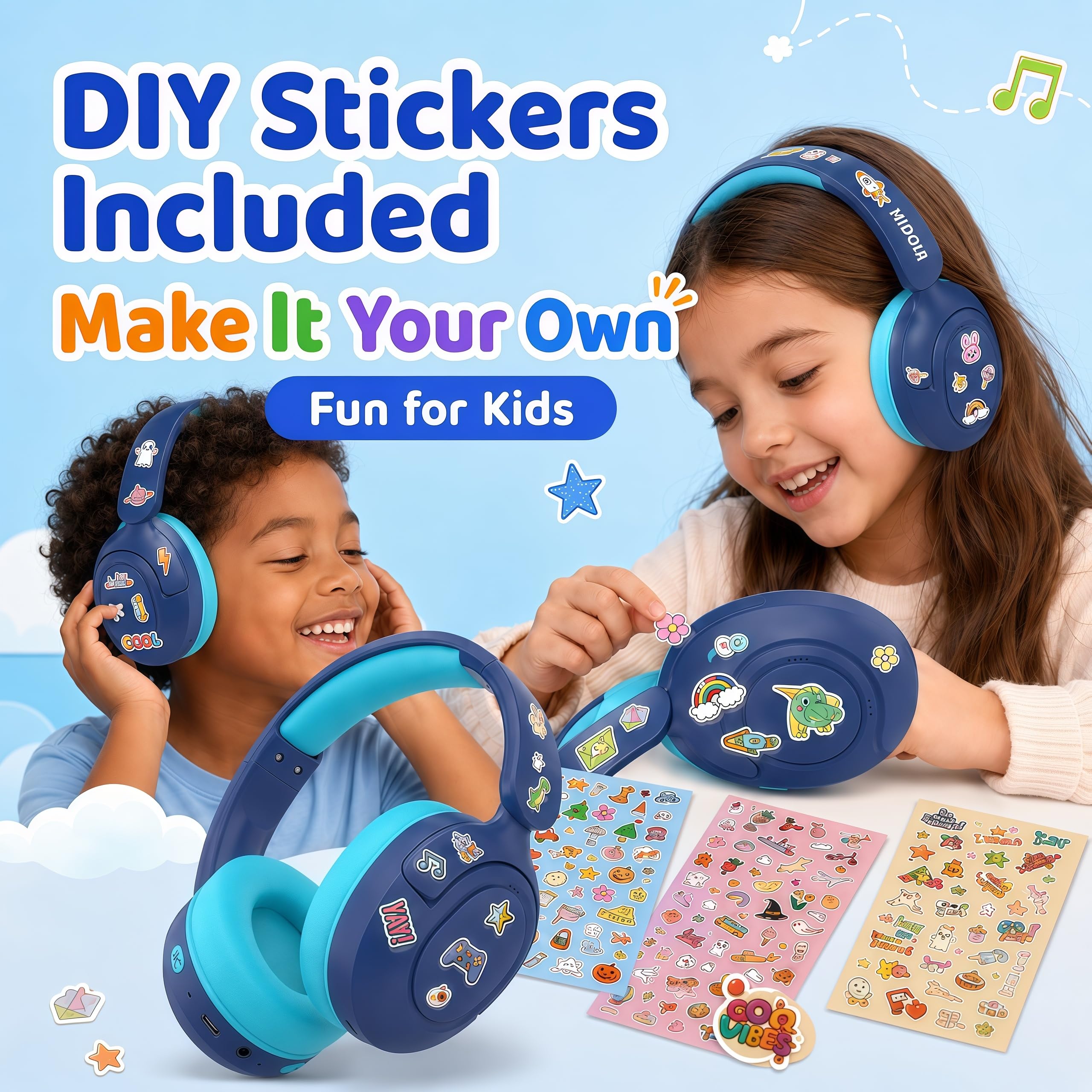 MIDOLA Auriculares inalámbricos Bluetooth para niños, volumen limitado, 85/110 dB, plegables, protección contra el ruido, cable en línea, micrófono auxiliar de 3,5 mm, para niños, niñas, tabletas