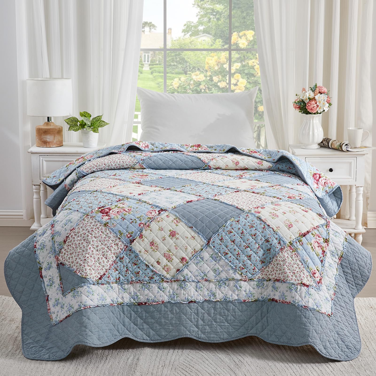 Qucover Patchwork Copriletto, Trapuntato Singolo 150x200 cm,Trapuntino per Primaverile Estivo Coperta in Cotone Shabby chic Stile Country Blu Floreale