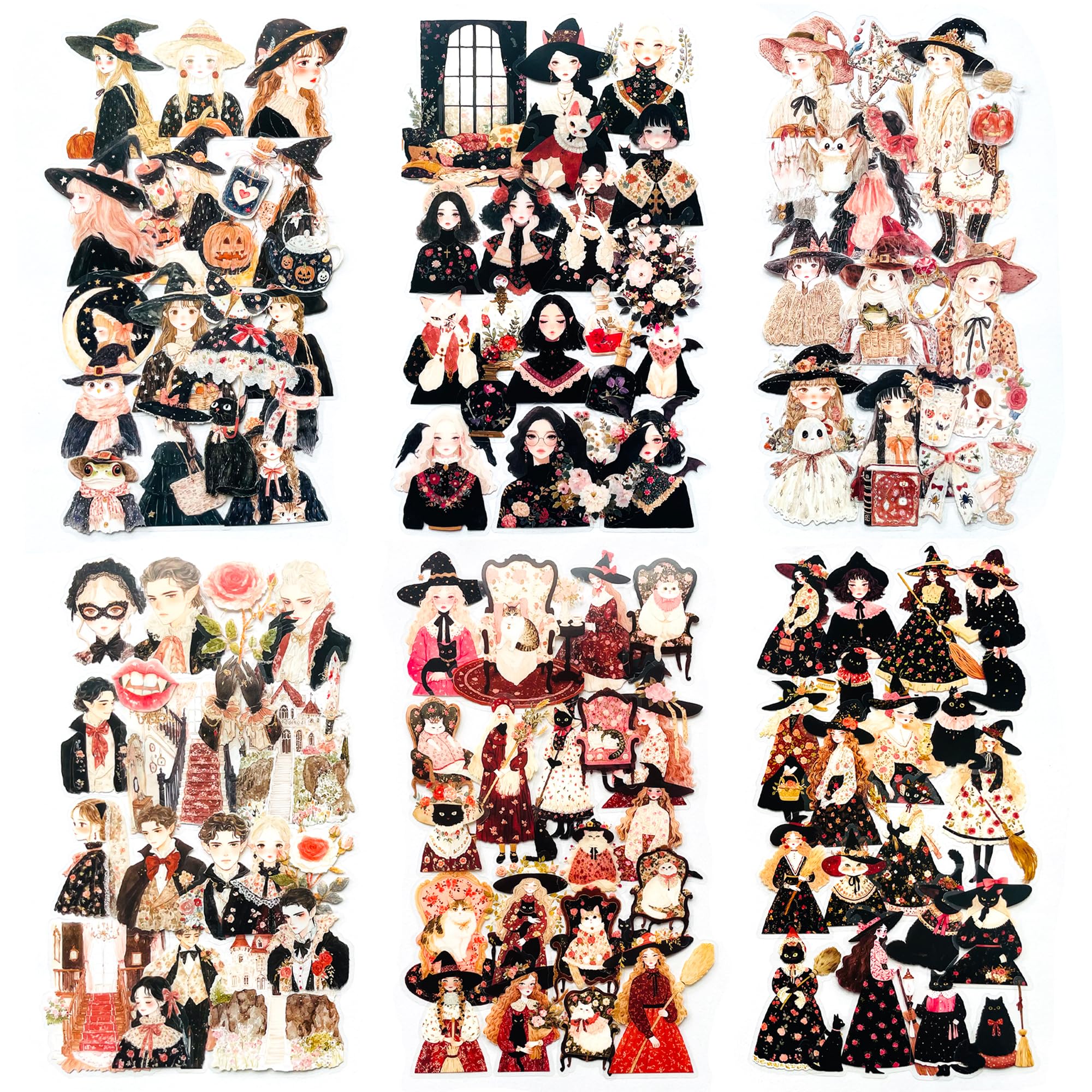 120 PCS Vintage Witch Scrapbook Stickers – Dark Gothic Halloween Witches, Magic Potions, Black Cats, Retro Witchy Aesthetic Sticker Pack for