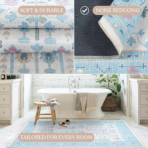 Miniatura 6 de Fame Living Alfombra Oushak Crema Azul, Alfombras Pequeñas Modernas, Vintage, Turca, Ecléctica, Floral, Pastel, Lavable, Tapete para Puerta, Felpudo