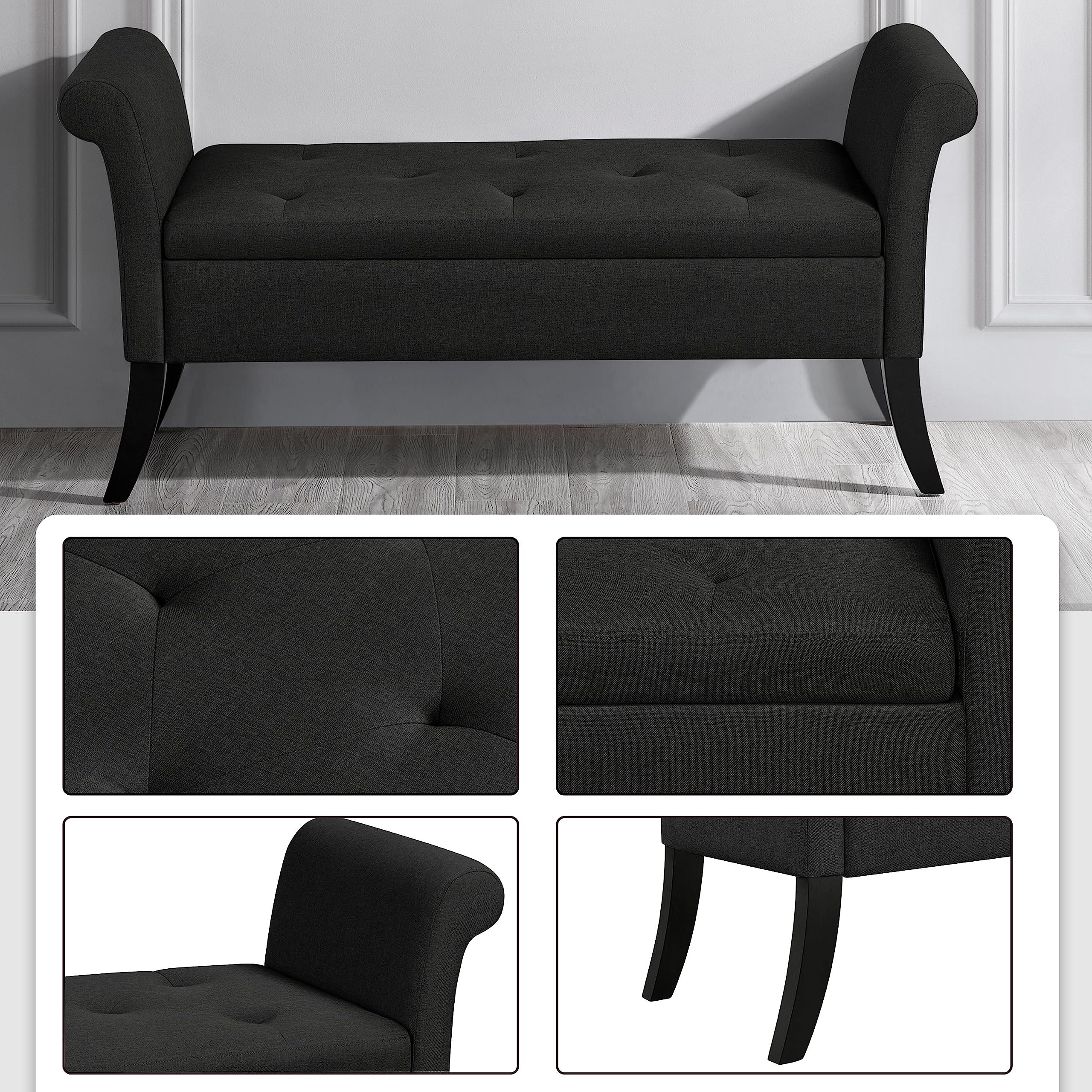 Abician Banc de Rangement avec Accoudoirs et Compartiment Coffre de Rangement Tissu Repose-Pieds et Caisse et Entrée Noir